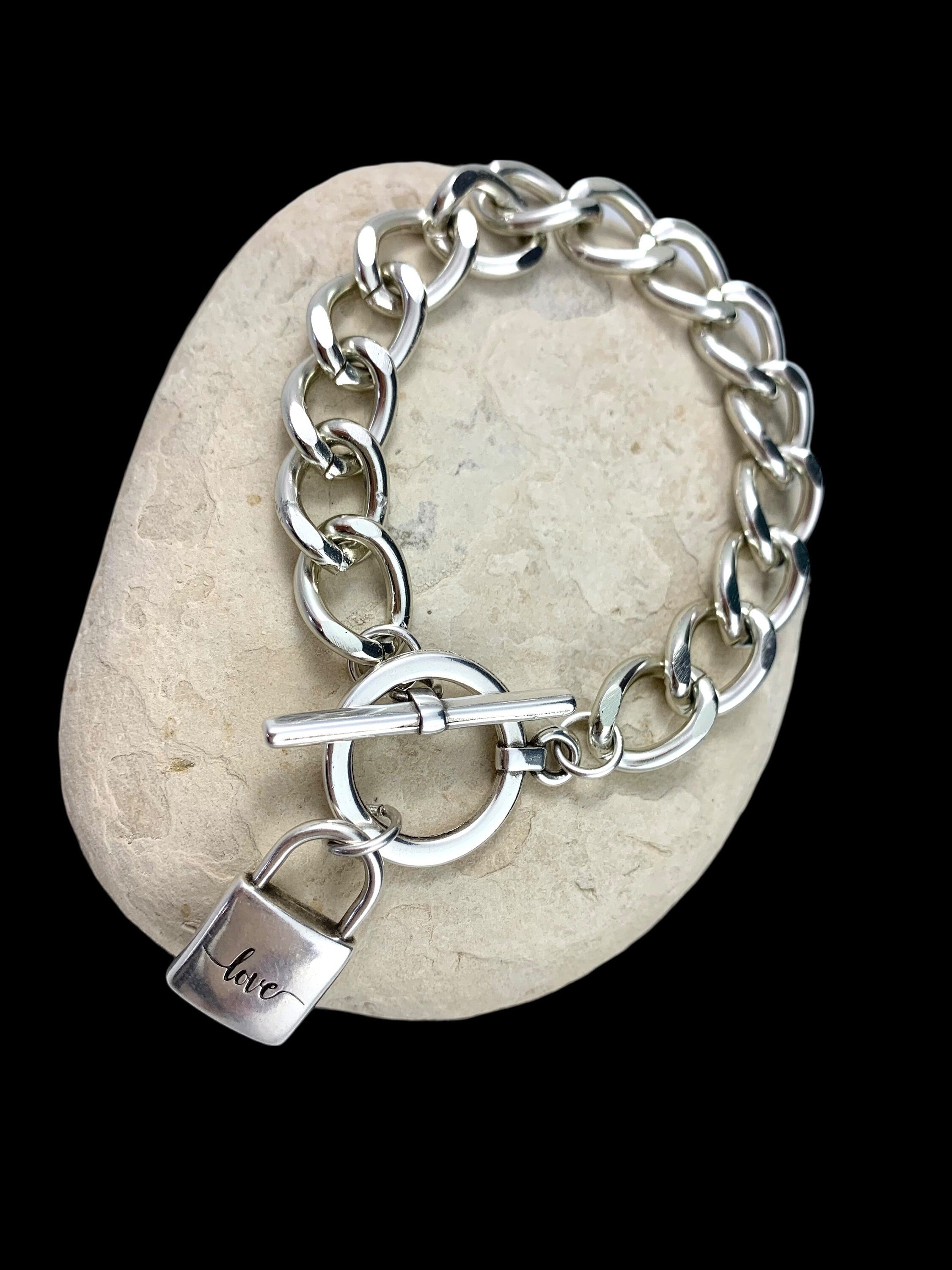 Heavyweight chunky silver toggle bracelet with padlock pendant, heavy solid bold chain chunky silver bracelet, uno de 50 style, Xmas gift