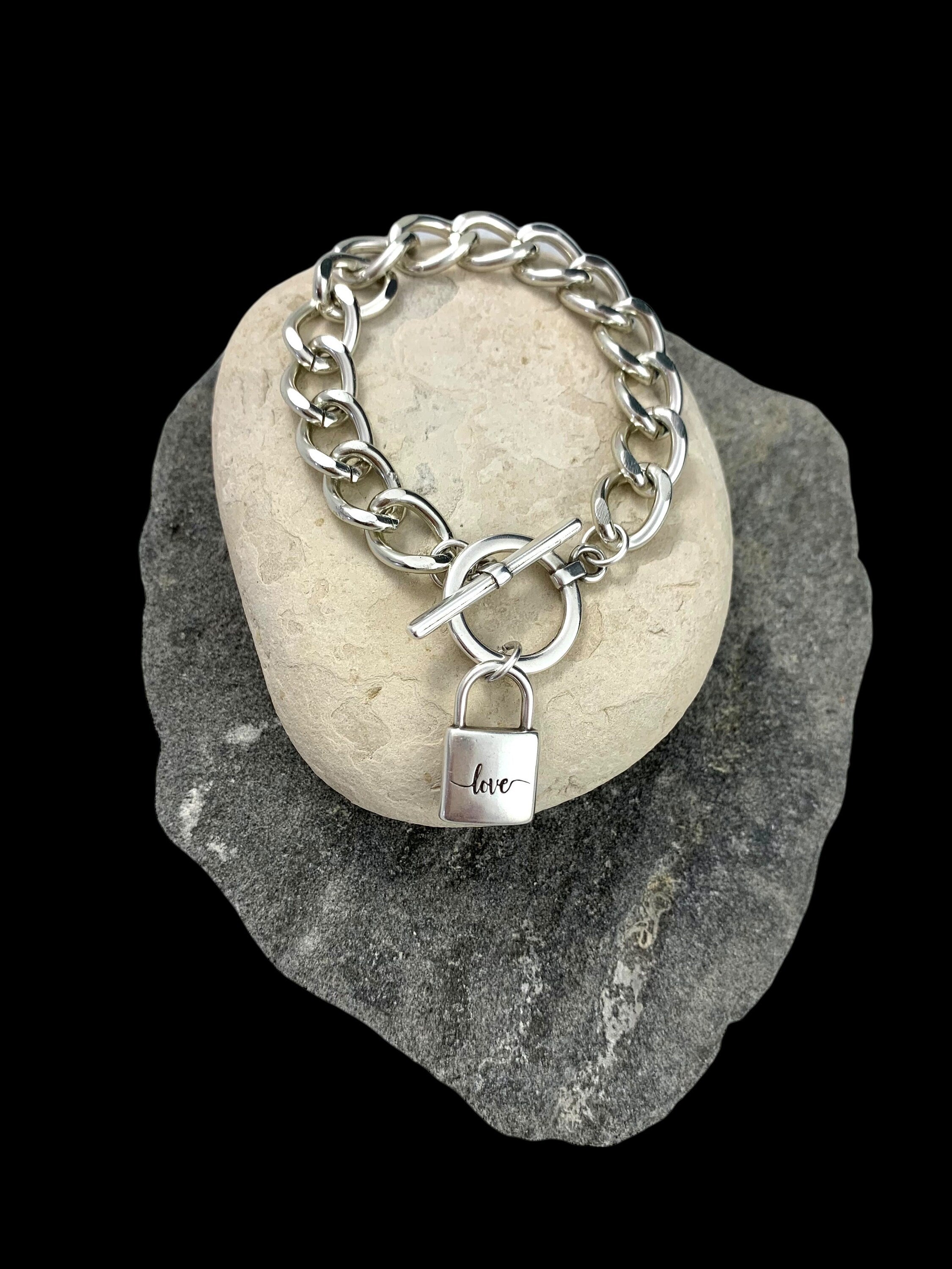 Heavyweight chunky silver toggle bracelet with padlock pendant, heavy solid bold chain chunky silver bracelet, uno de 50 style, Xmas gift