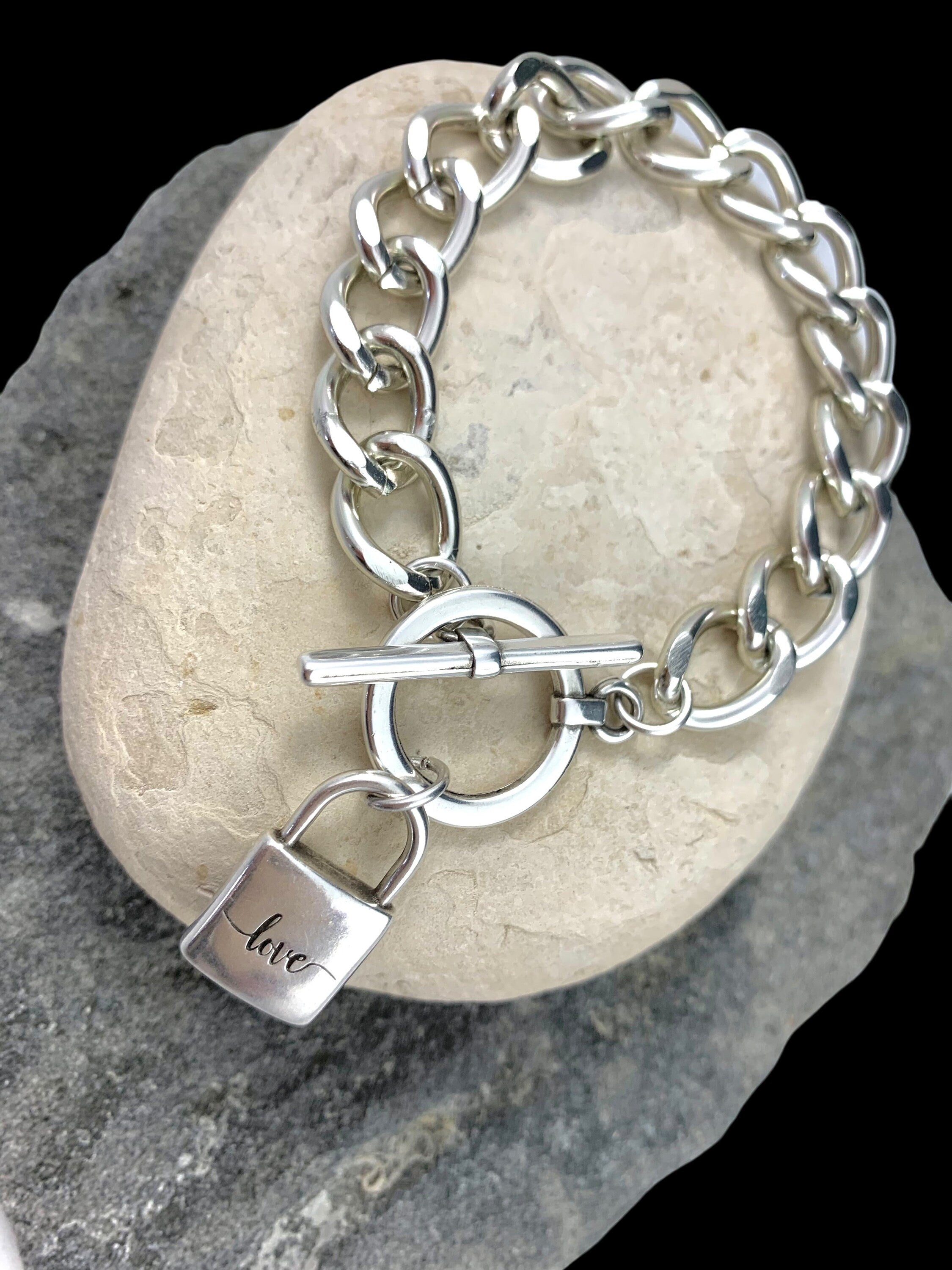 Heavyweight chunky silver toggle bracelet with padlock pendant, heavy solid bold chain chunky silver bracelet, uno de 50 style, Xmas gift