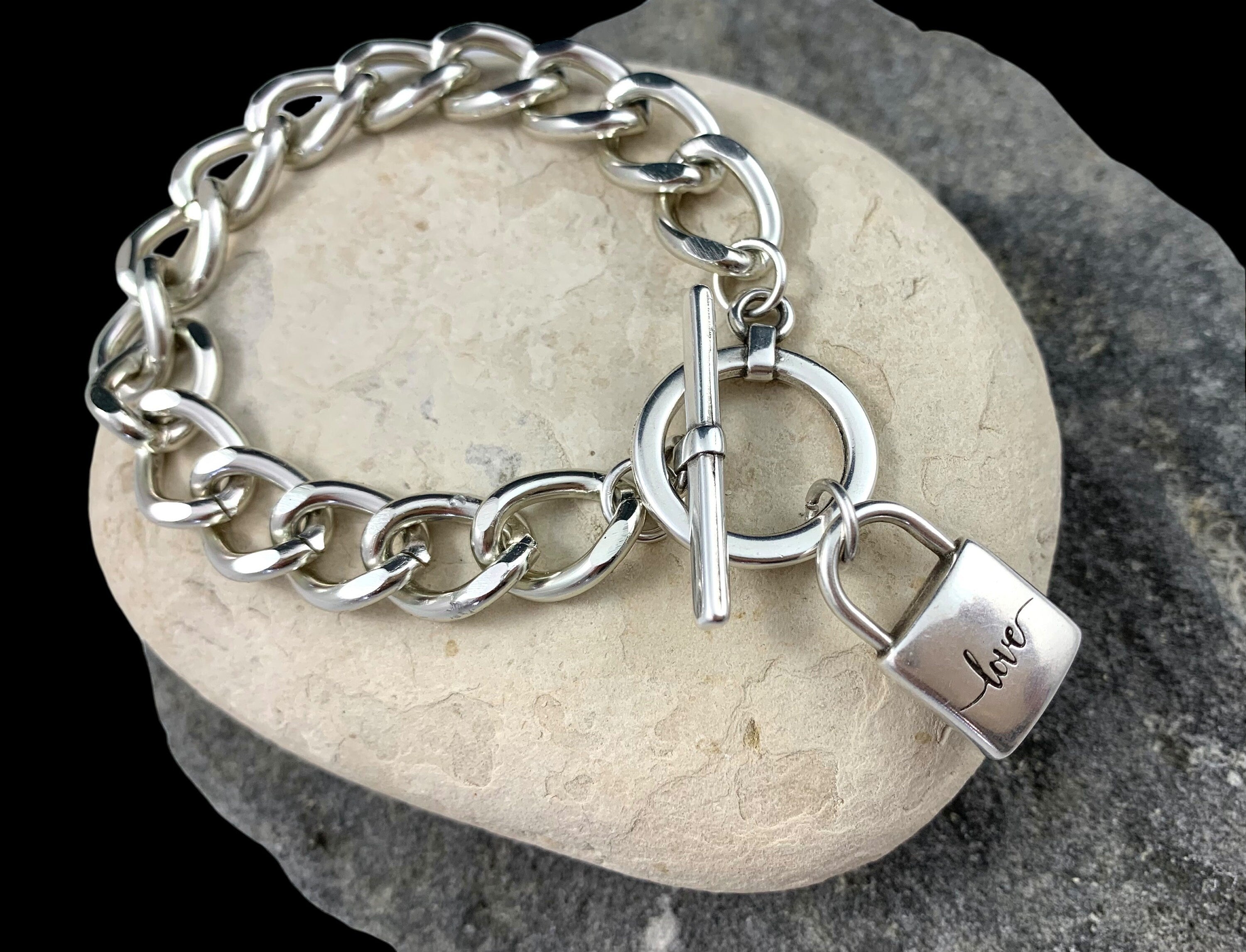Heavyweight chunky silver toggle bracelet with padlock pendant, heavy solid bold chain chunky silver bracelet, uno de 50 style, Xmas gift