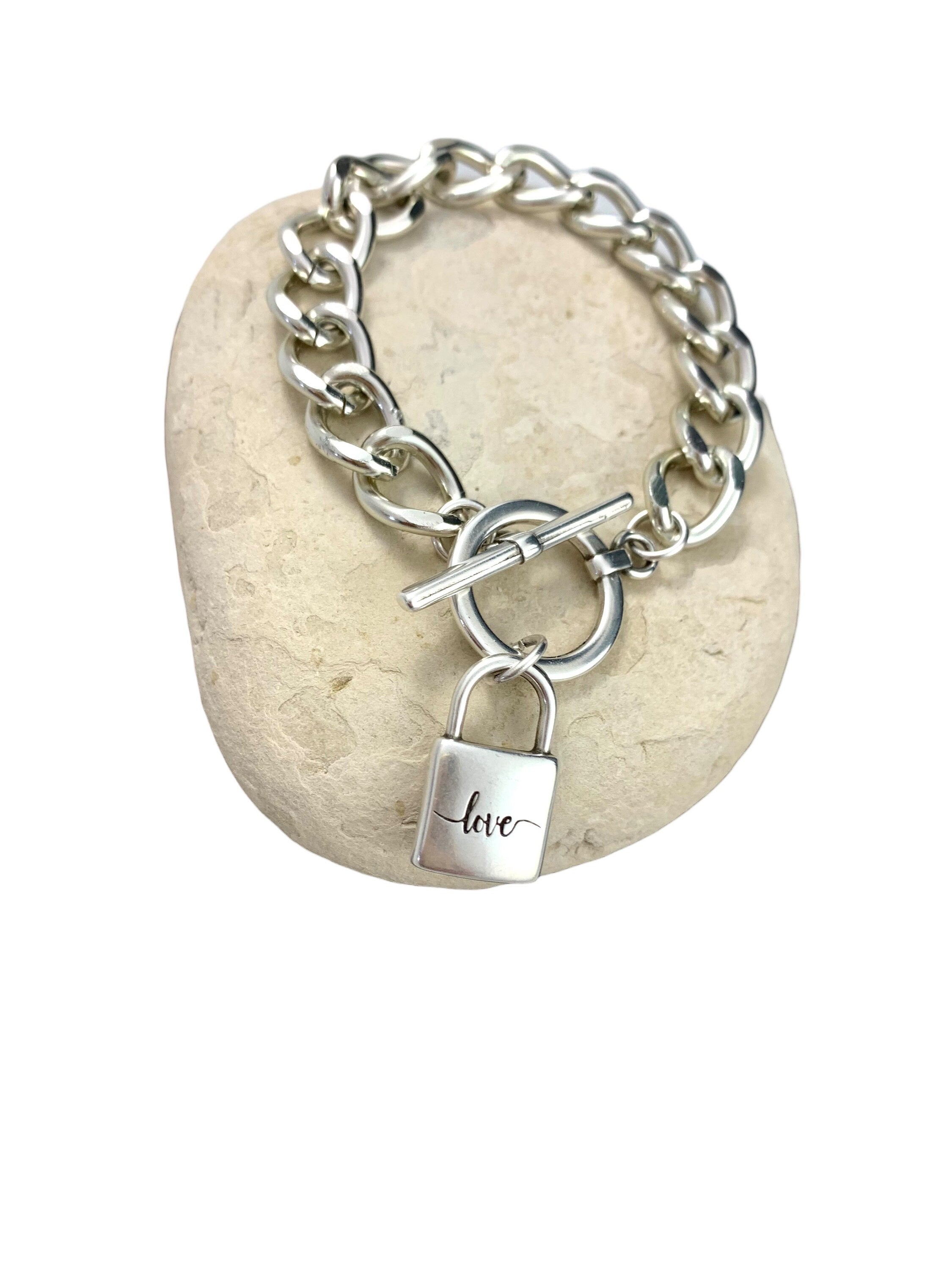 Heavyweight chunky silver toggle bracelet with padlock pendant, heavy solid bold chain chunky silver bracelet, uno de 50 style, Xmas gift