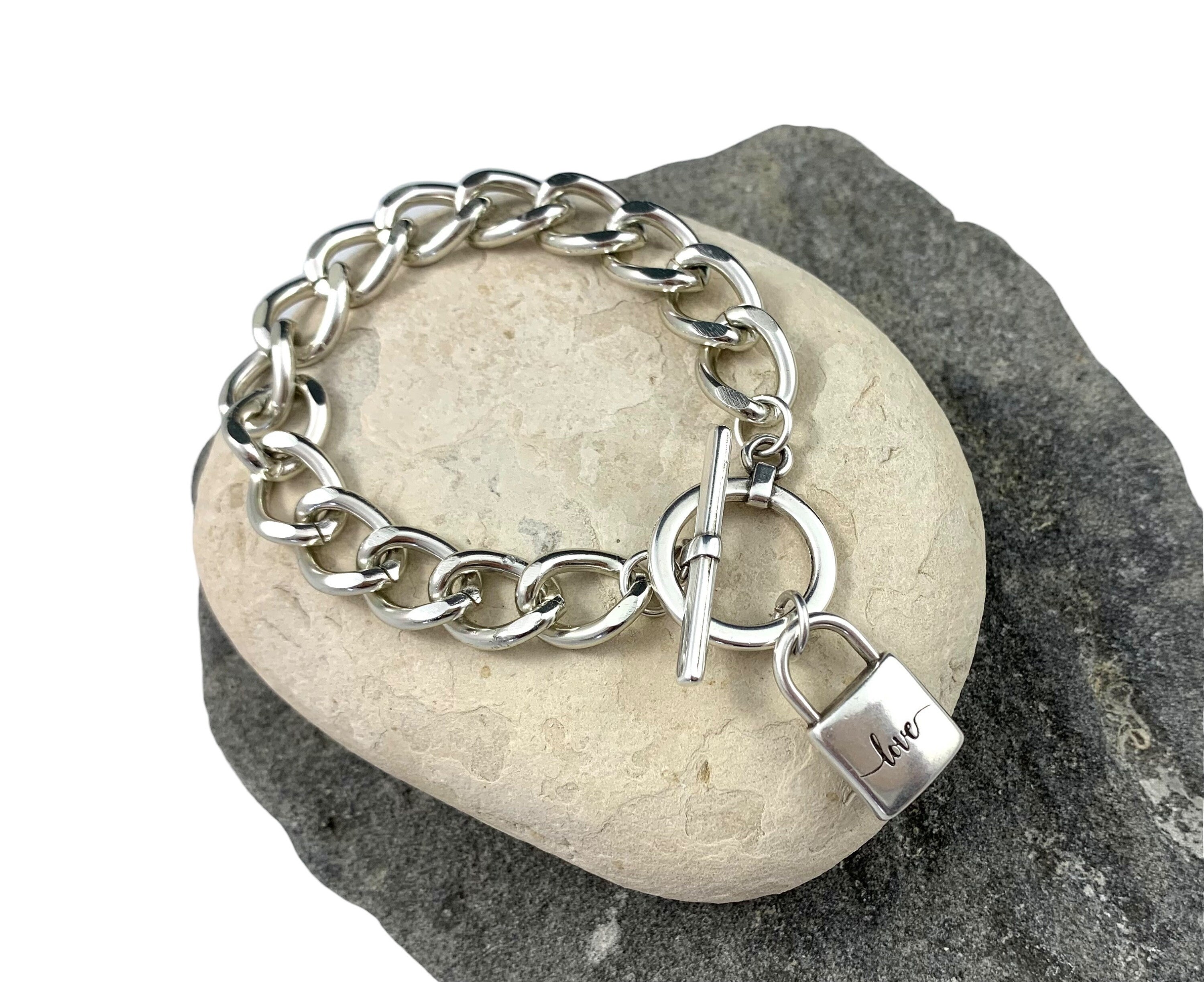Heavyweight chunky silver toggle bracelet with padlock pendant, heavy solid bold chain chunky silver bracelet, uno de 50 style, Xmas gift