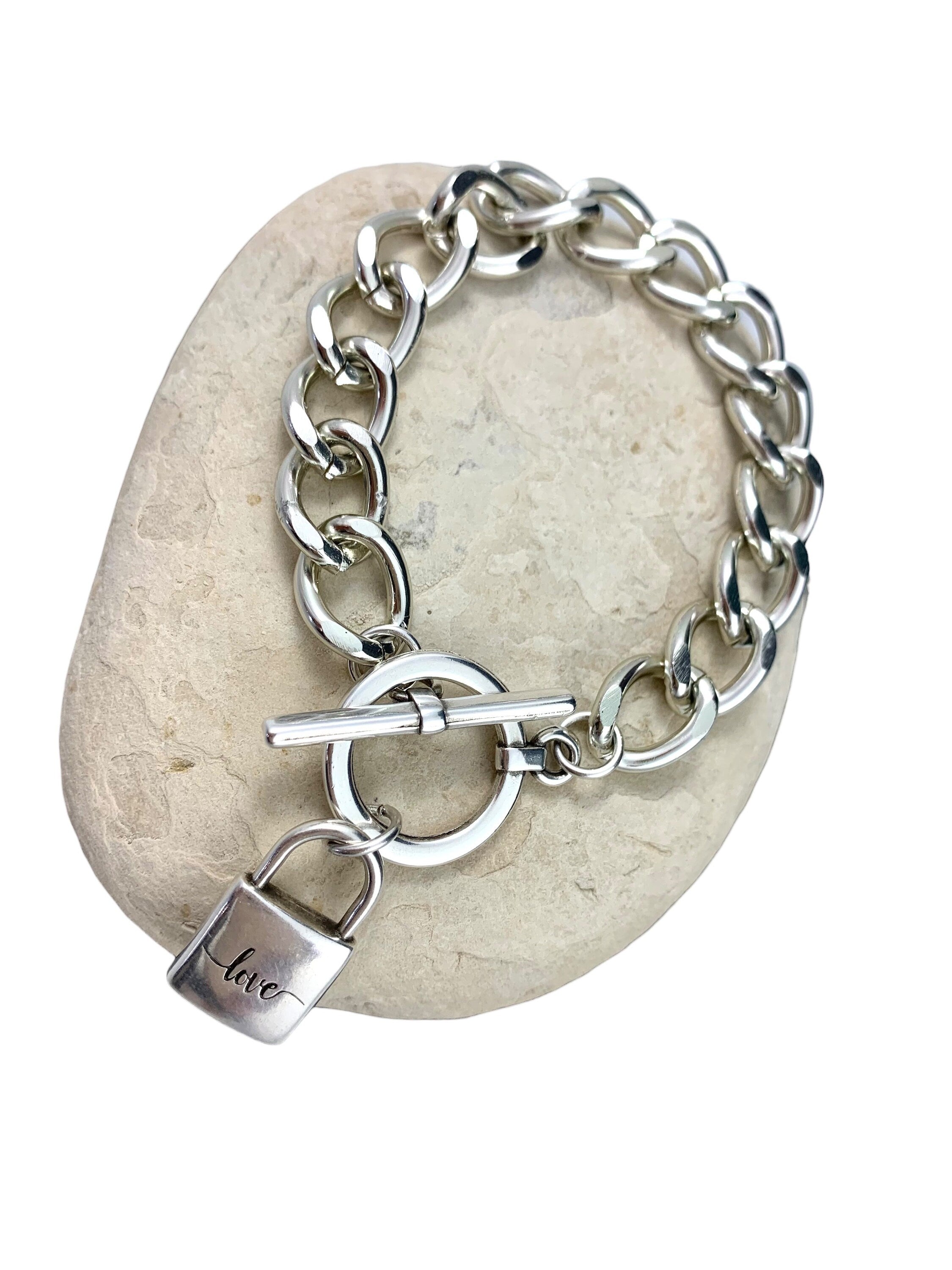 Heavyweight chunky silver toggle bracelet with padlock pendant, heavy solid bold chain chunky silver bracelet, uno de 50 style, Xmas gift