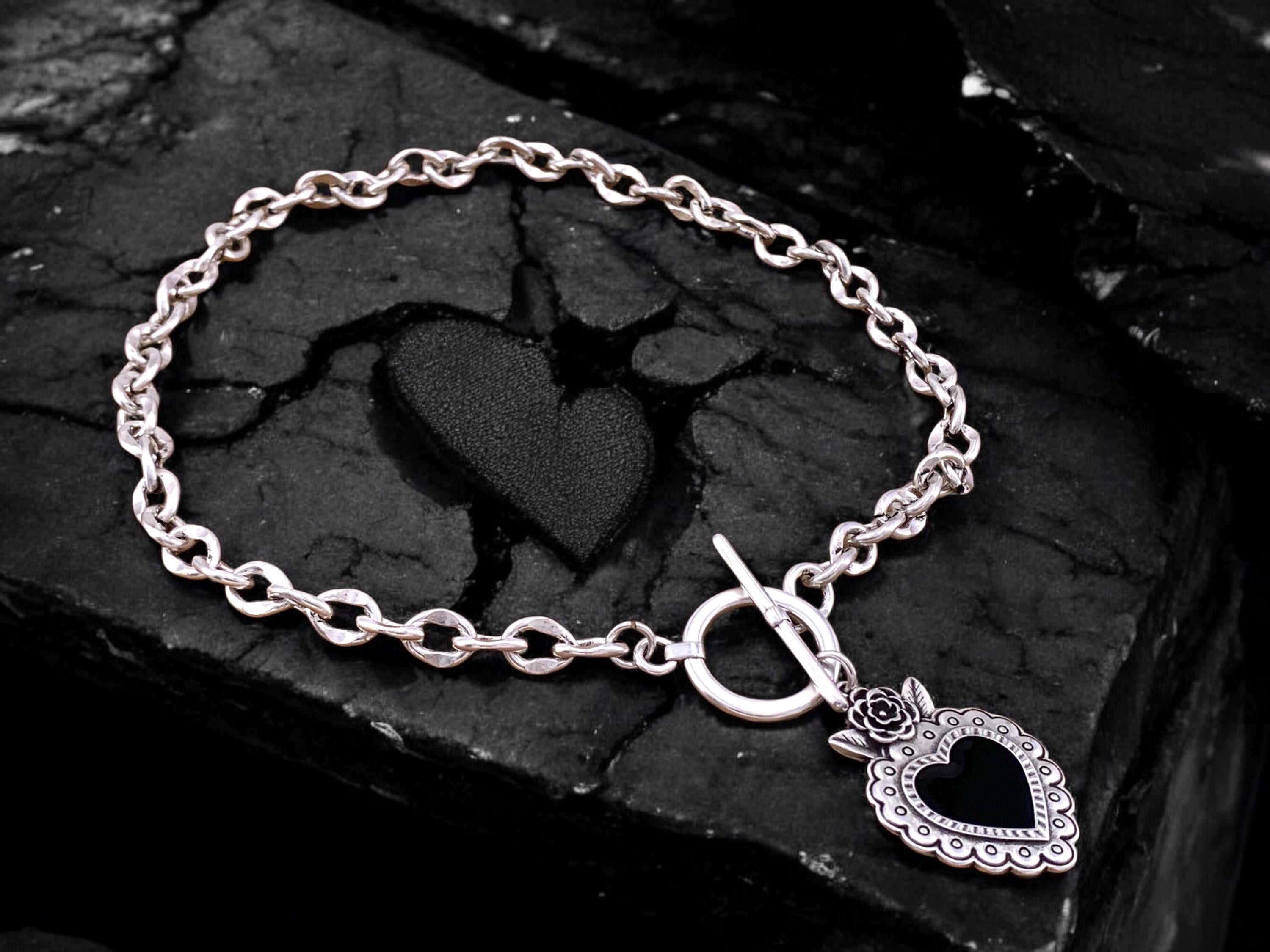 Black and antique silver heart pendant toggle clasp chunky necklace, bold silver chain necklace, statement necklace, gothic heart necklace