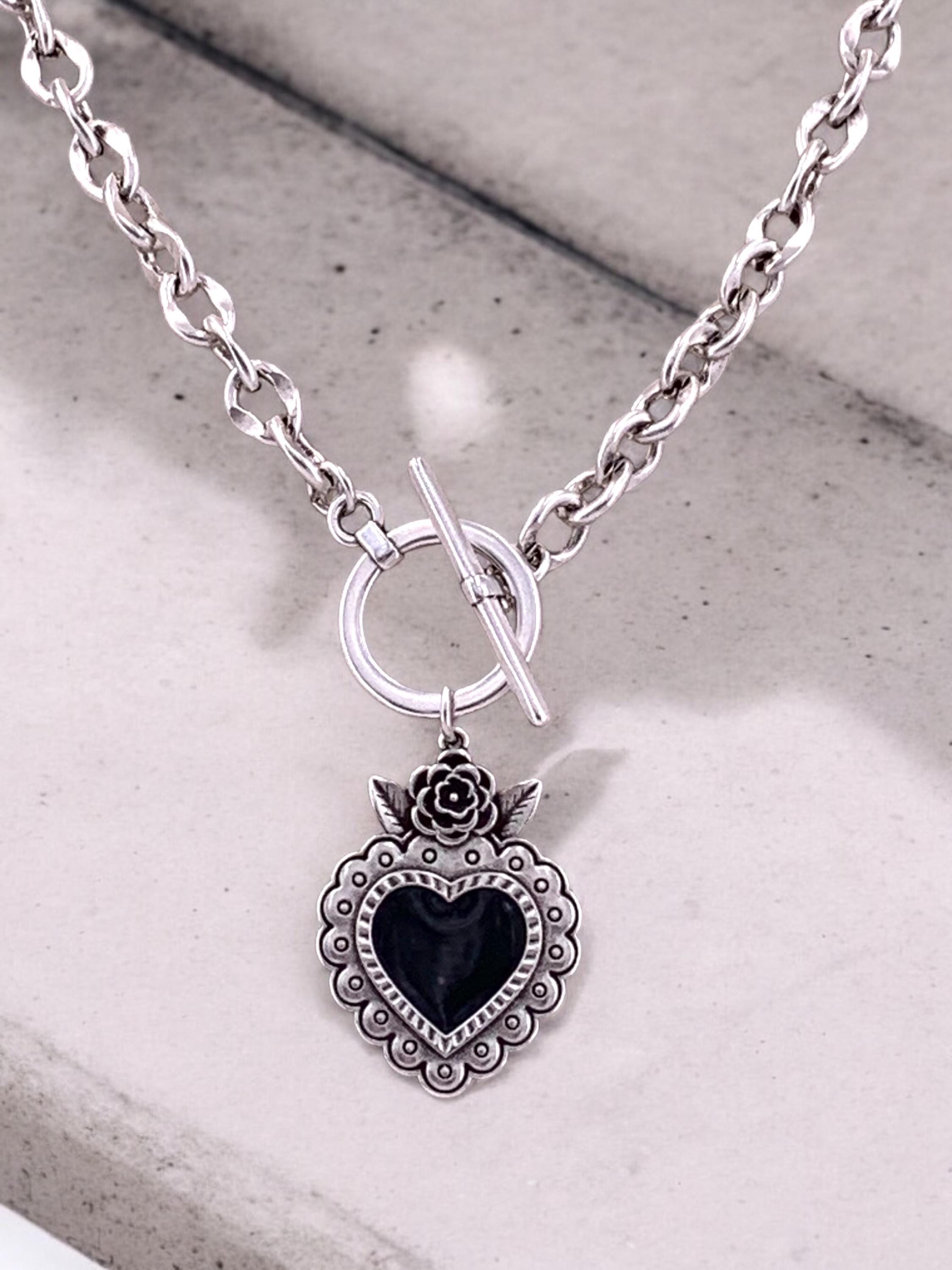 Black and antique silver heart pendant toggle clasp chunky necklace, bold silver chain necklace, statement necklace, gothic heart necklace