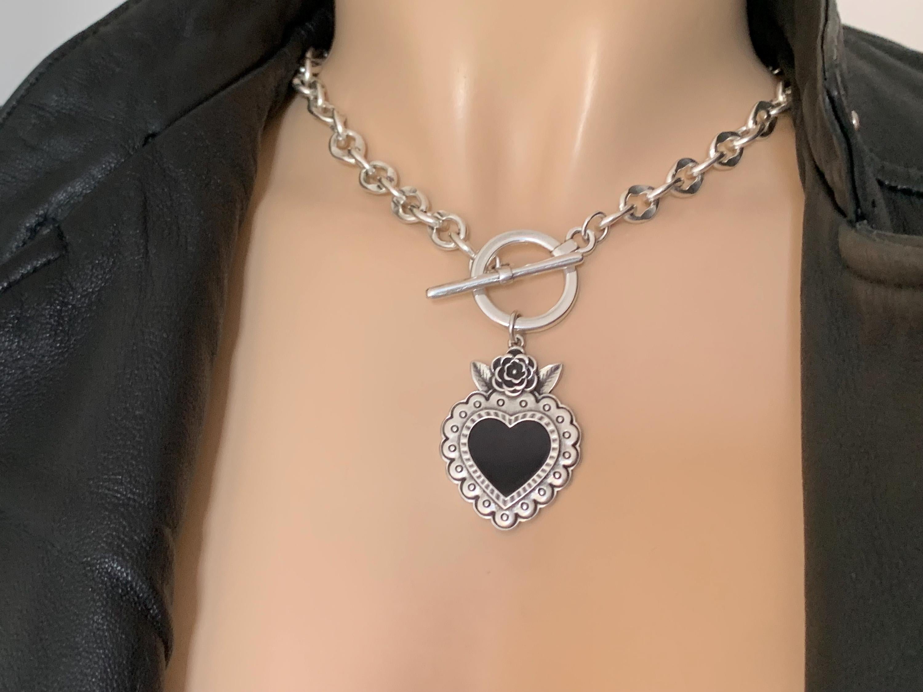 Black and antique silver heart pendant toggle clasp chunky necklace, bold silver chain necklace, statement necklace, gothic heart necklace
