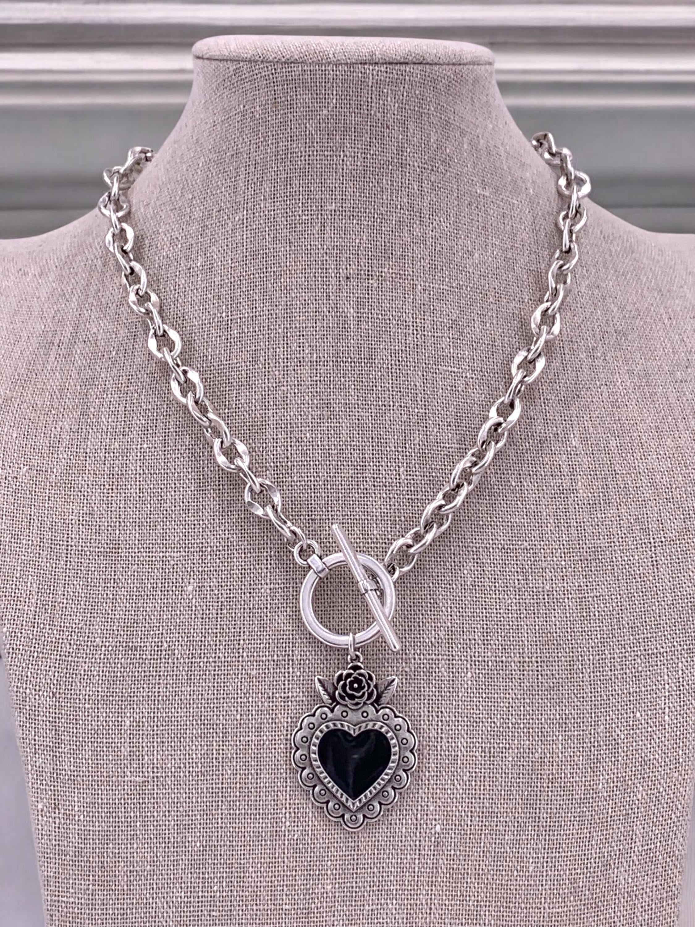 Black and antique silver heart pendant toggle clasp chunky necklace, bold silver chain necklace, statement necklace, gothic heart necklace