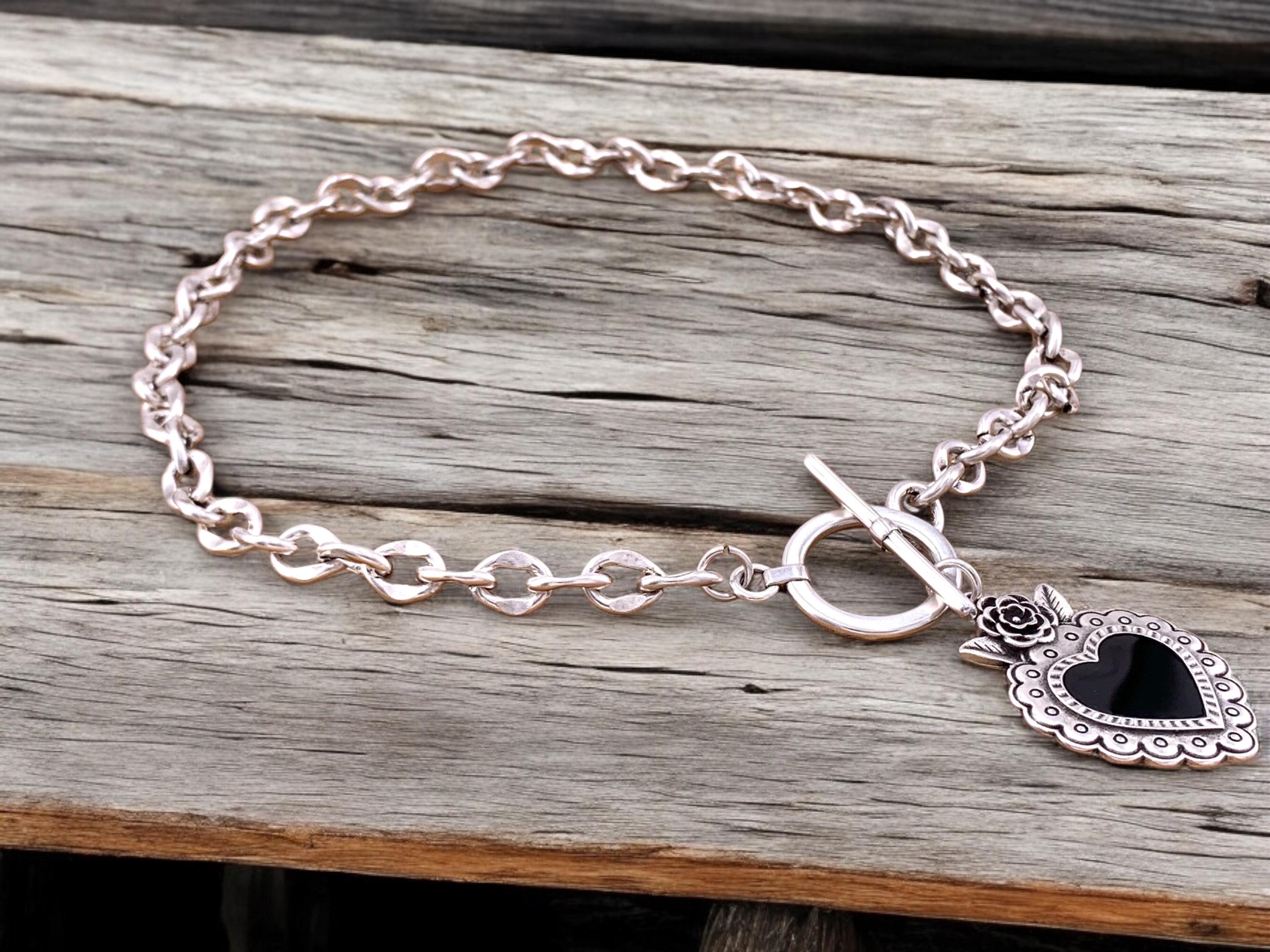Black and antique silver heart pendant toggle clasp chunky necklace, bold silver chain necklace, statement necklace, gothic heart necklace