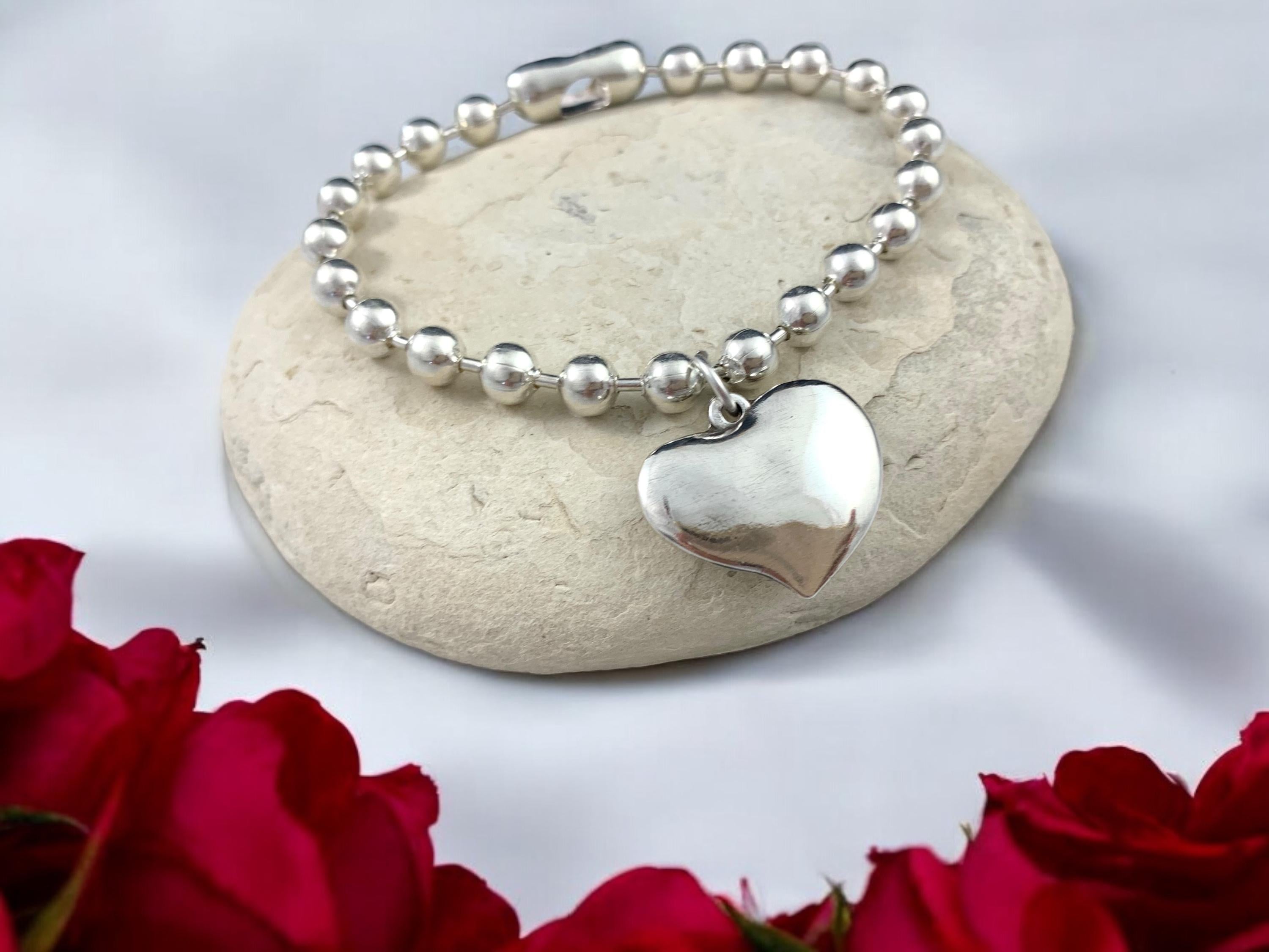Chunky silver balls chain bracelet with heart pendant, bold balls chain bracelet, thick chain bracelet, unique gift for birthday, women gift