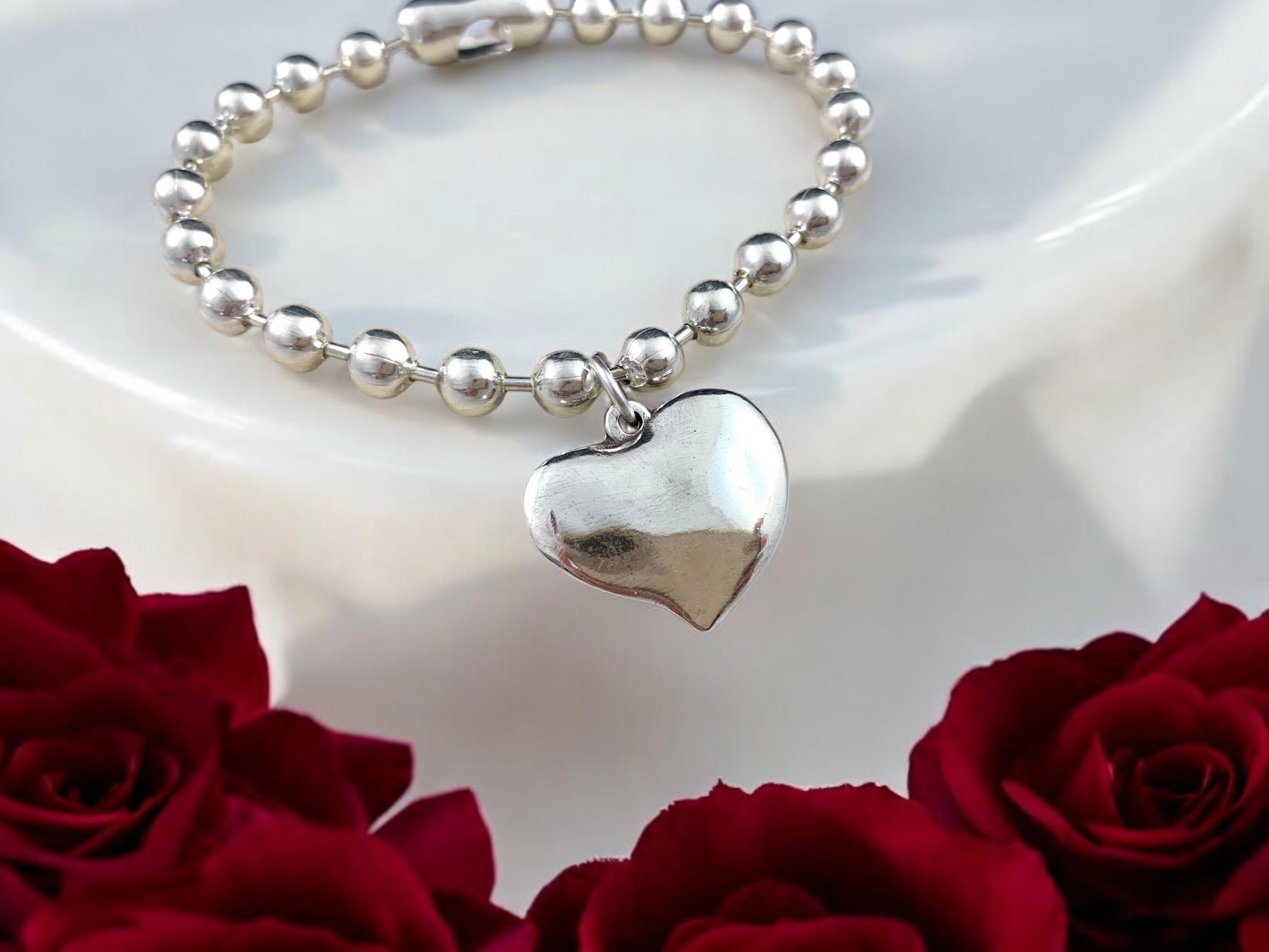 Chunky silver balls chain bracelet with heart pendant, bold balls chain bracelet, thick chain bracelet, unique gift for birthday, women gift