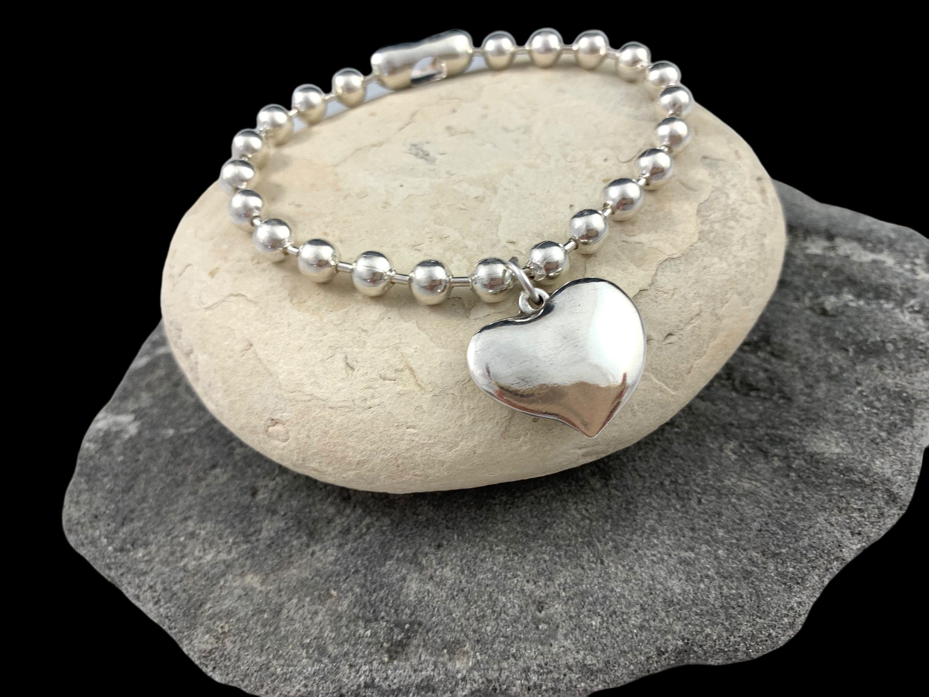Chunky silver balls chain bracelet with heart pendant, bold balls chain bracelet, thick chain bracelet, unique gift for birthday, women gift