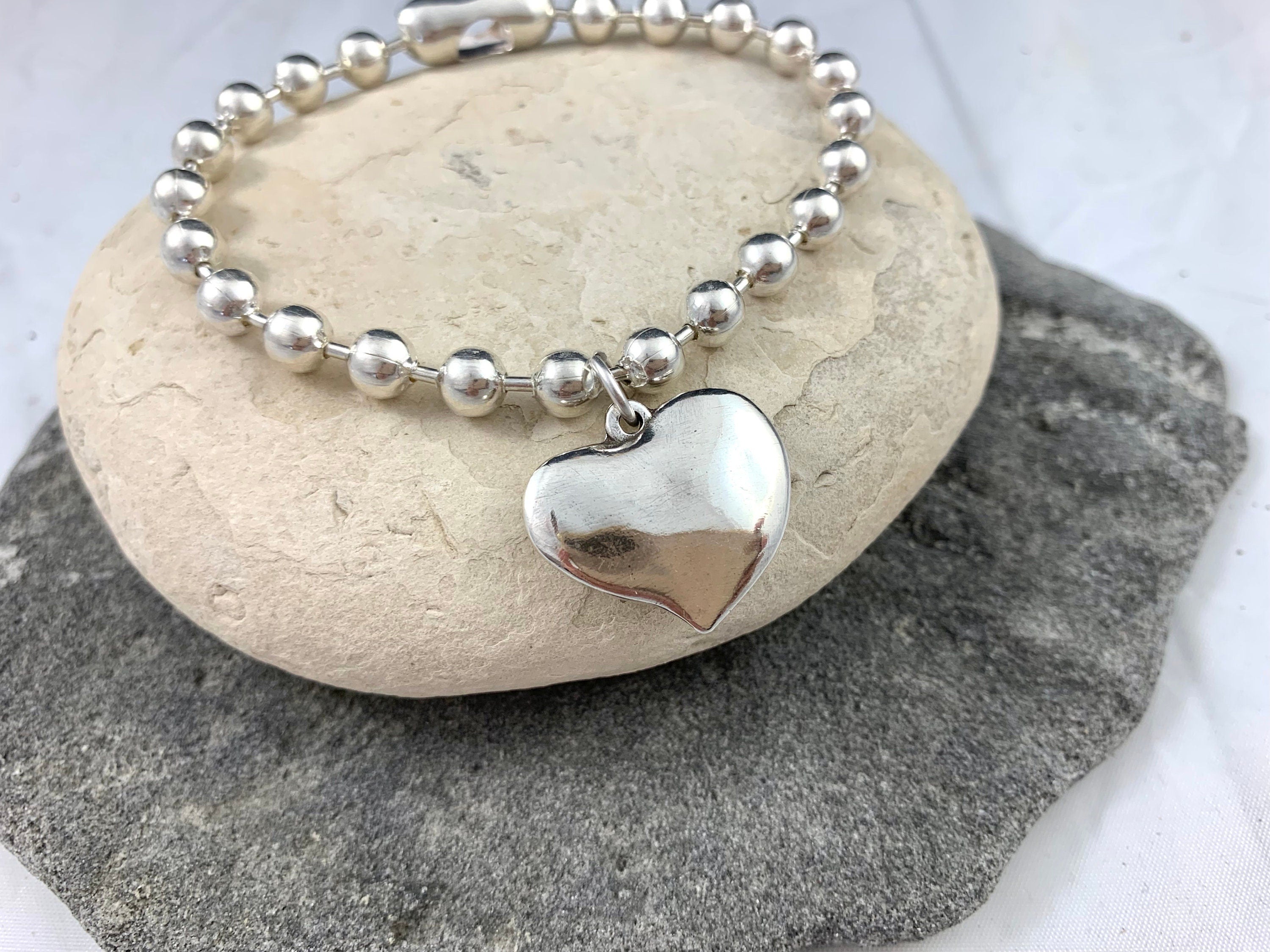 Chunky silver balls chain bracelet with heart pendant, bold balls chain bracelet, thick chain bracelet, unique gift for birthday, women gift
