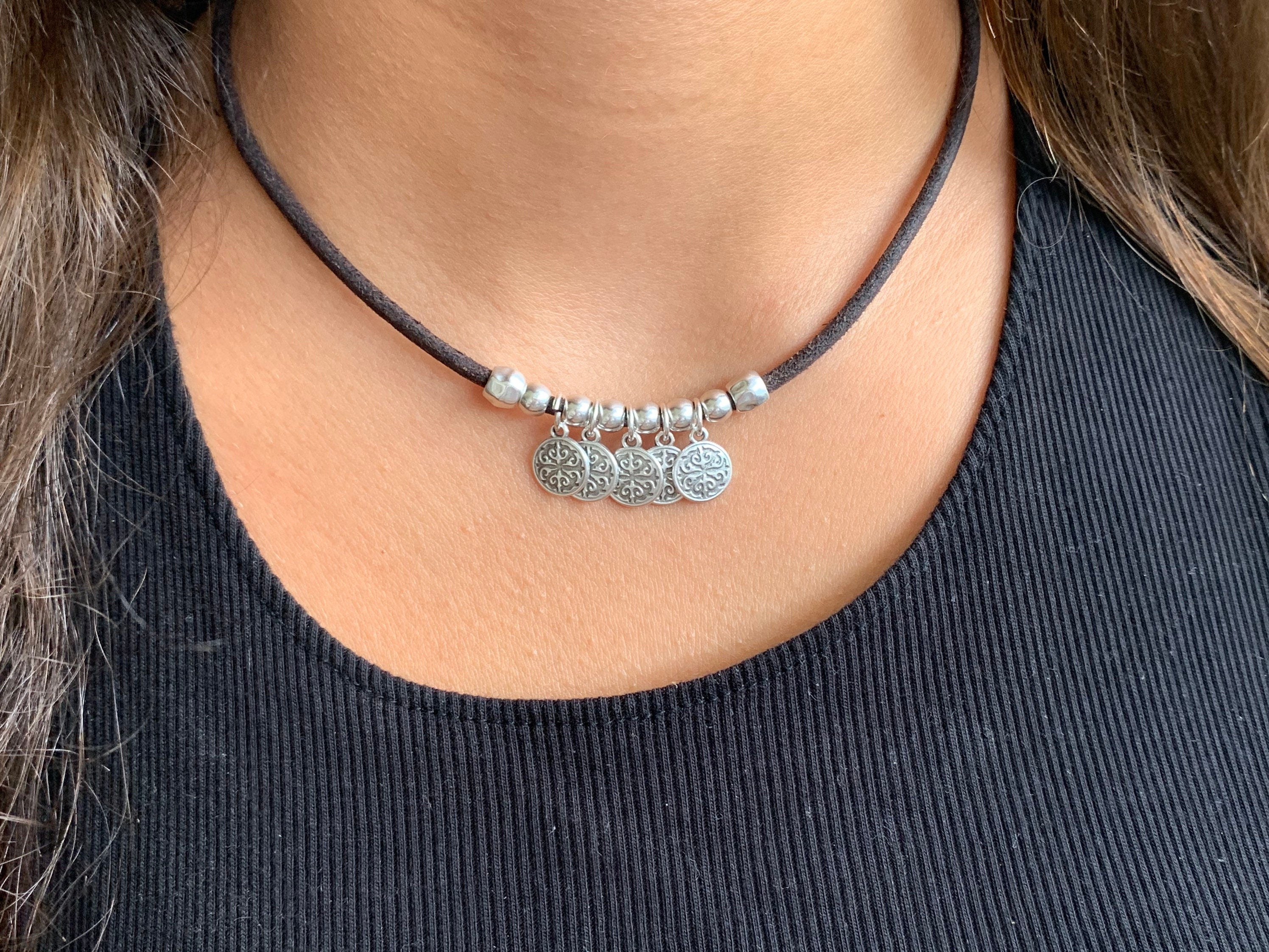 Minimalist Choker Leather Necklace - Boho Summer Choker with Charms, Everyday Stylish Leather Jewelry for Women