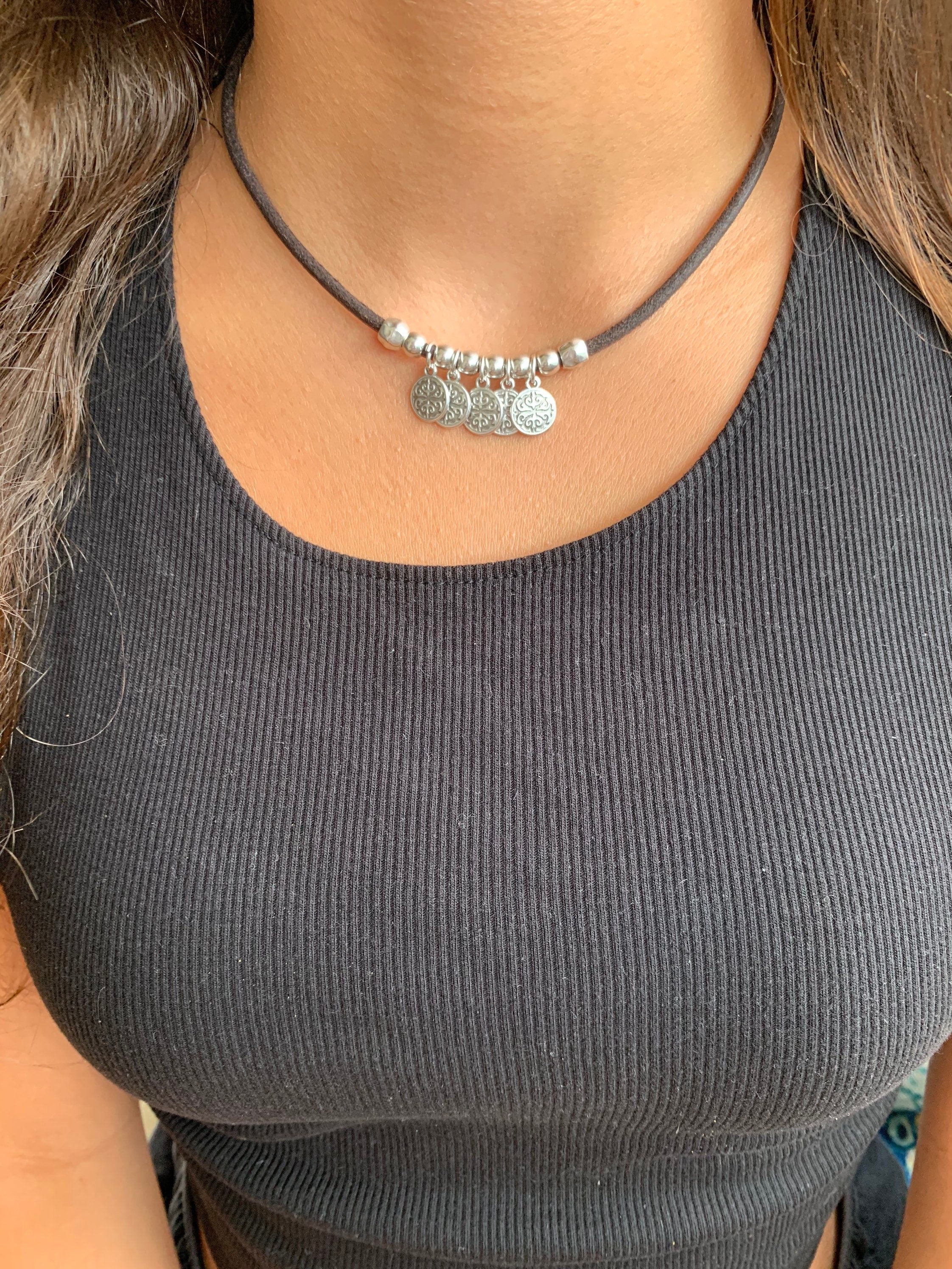 Minimalist Choker Leather Necklace - Boho Summer Choker with Charms, Everyday Stylish Leather Jewelry for Women