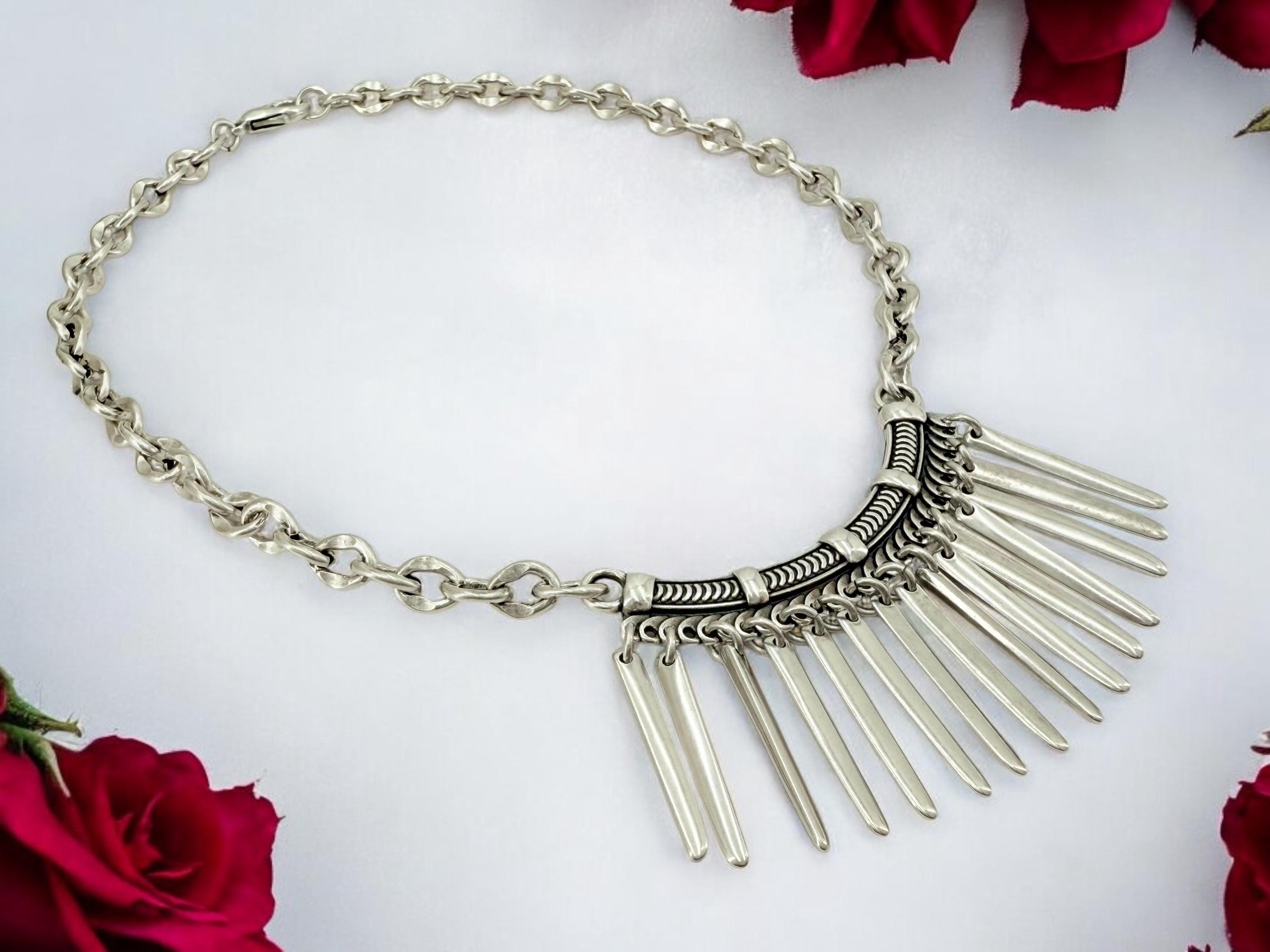 Statement silver bib necklace, voluminous necklace, dangle spikes necklace, silver chain original bib necklace, chunky silver necklace