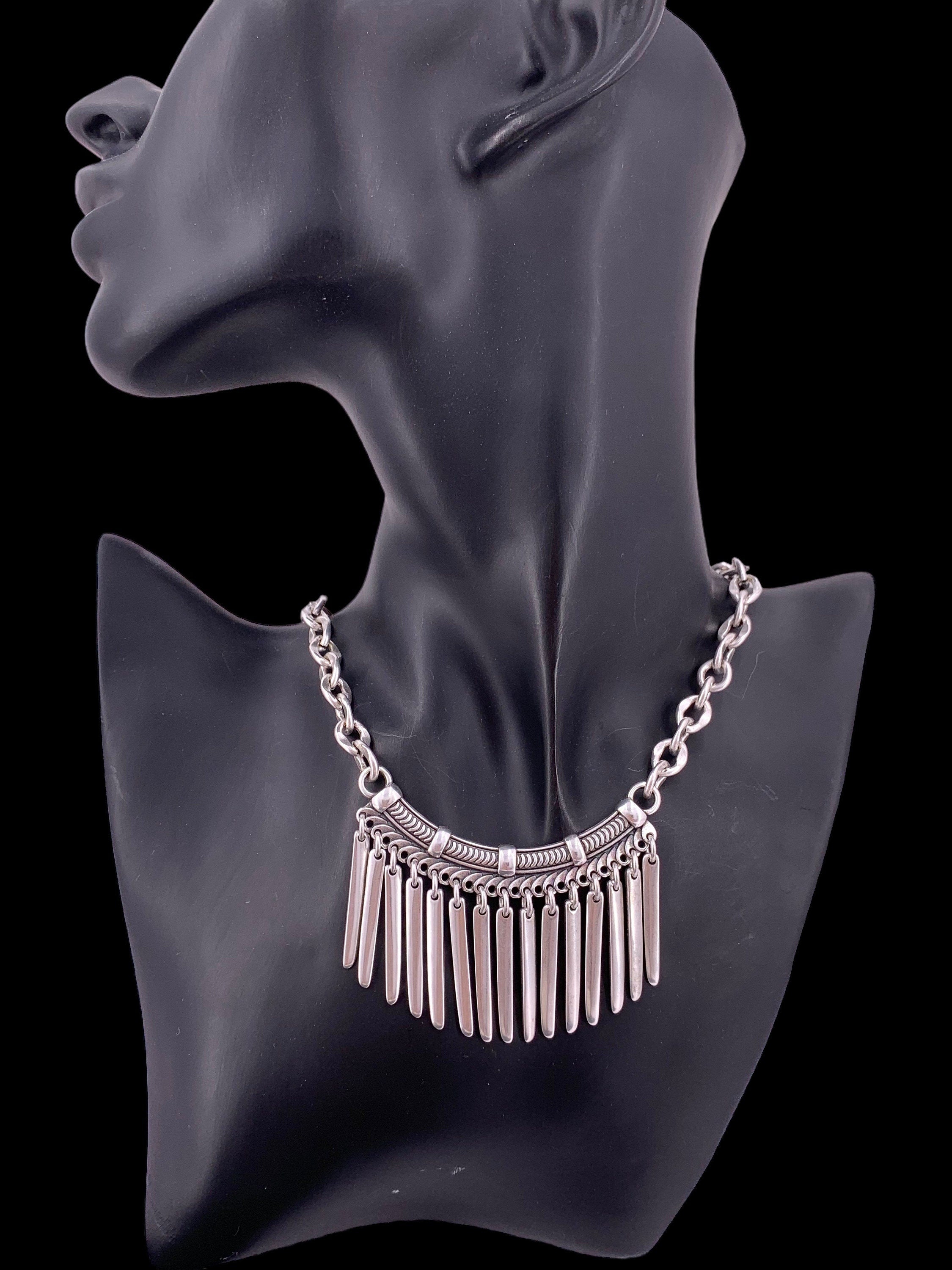 Statement silver bib necklace, voluminous necklace, dangle spikes necklace, silver chain original bib necklace, chunky silver necklace
