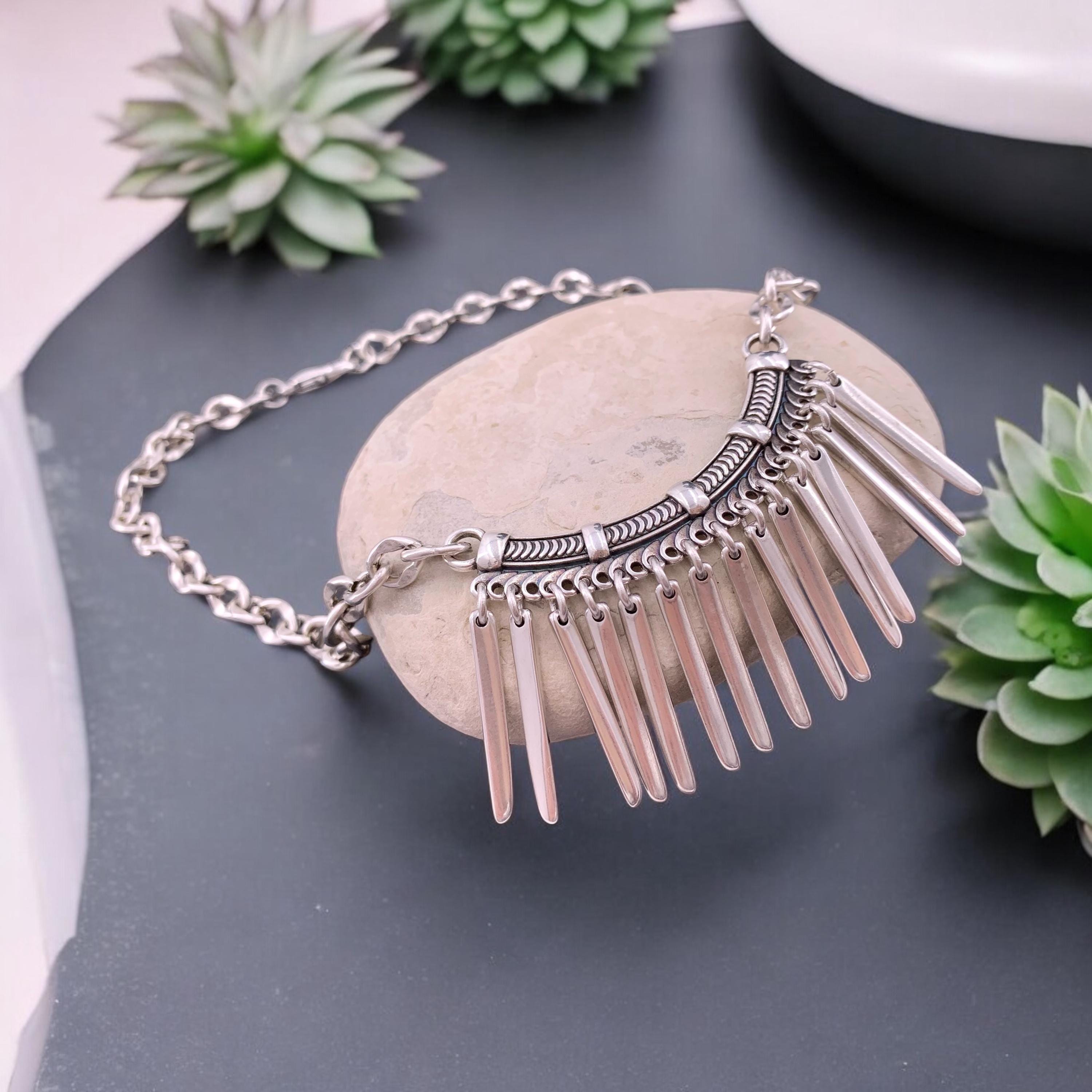 Statement silver bib necklace, voluminous necklace, dangle spikes necklace, silver chain original bib necklace, chunky silver necklace