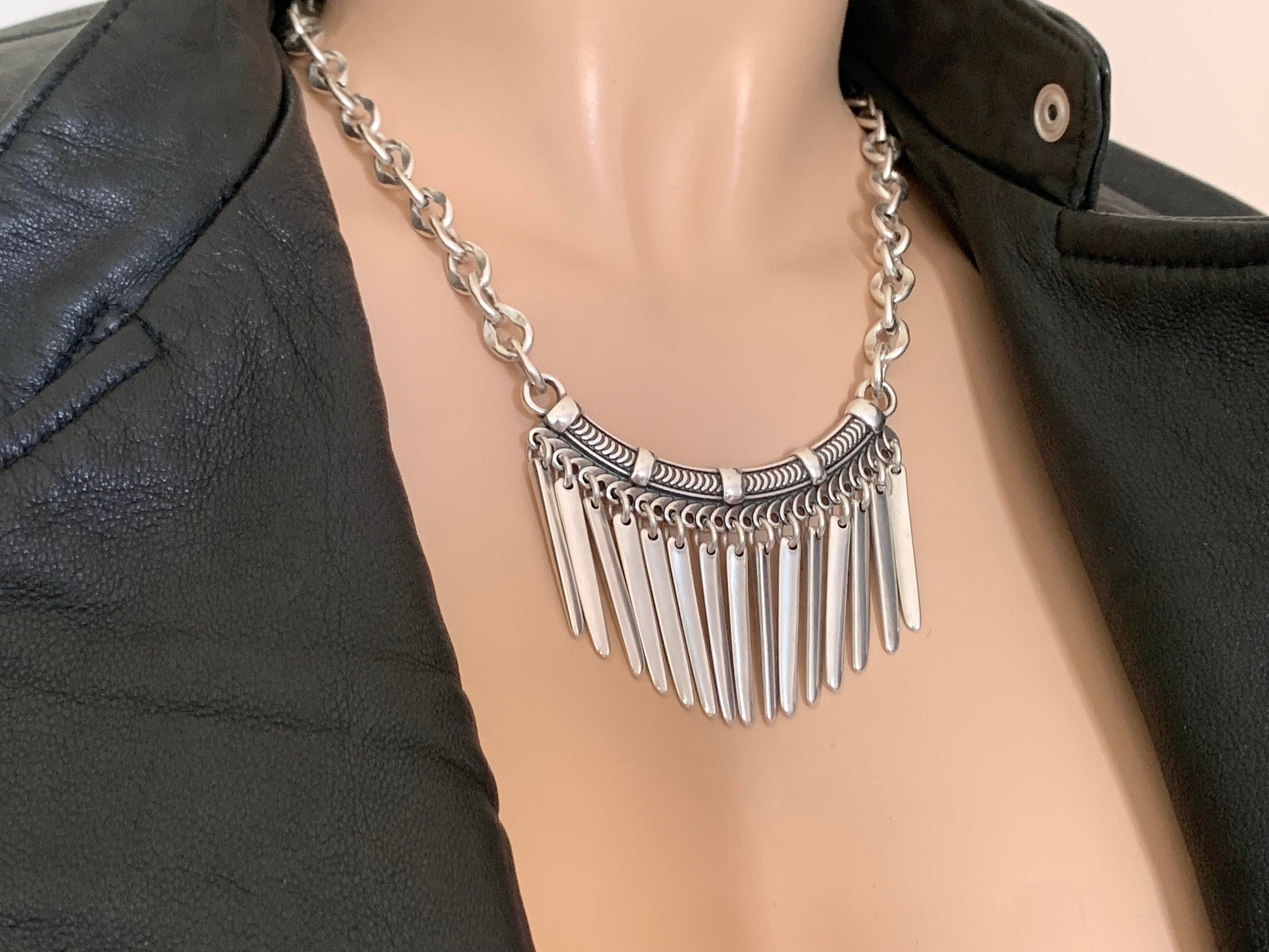 Statement silver bib necklace, voluminous necklace, dangle spikes necklace, silver chain original bib necklace, chunky silver necklace
