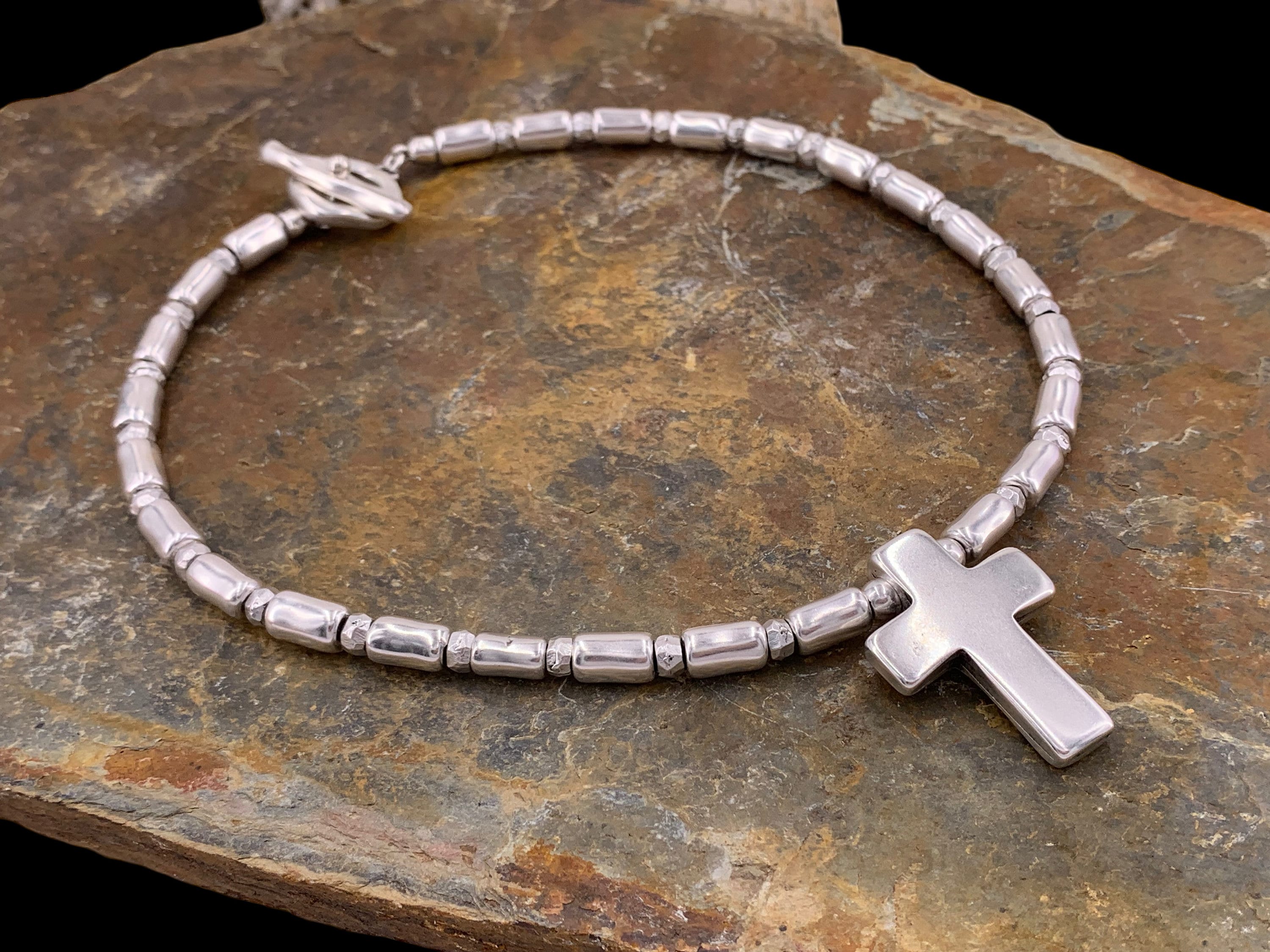 Chunky Silver Tube Bead Necklace – Large Cross Pendant – Heavy Statement Jewelry – Custom Length - statement cross pendant- unisex necklace