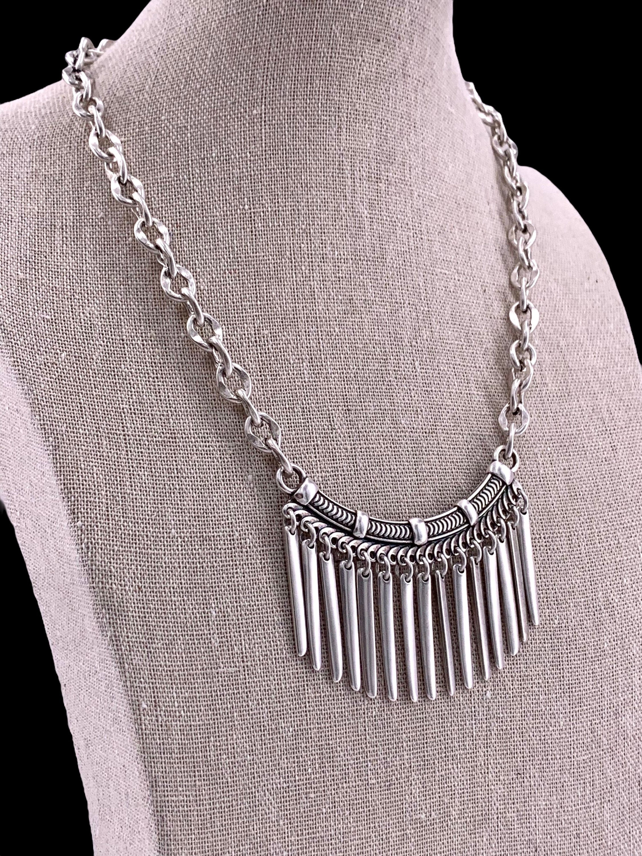 Statement silver bib necklace, voluminous necklace, dangle spikes necklace, silver chain original bib necklace, chunky silver necklace