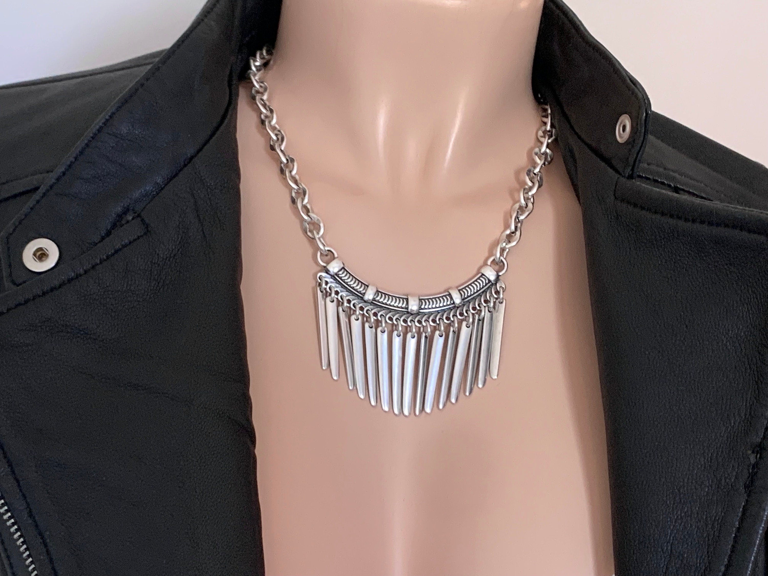 Statement silver bib necklace, voluminous necklace, dangle spikes necklace, silver chain original bib necklace, chunky silver necklace