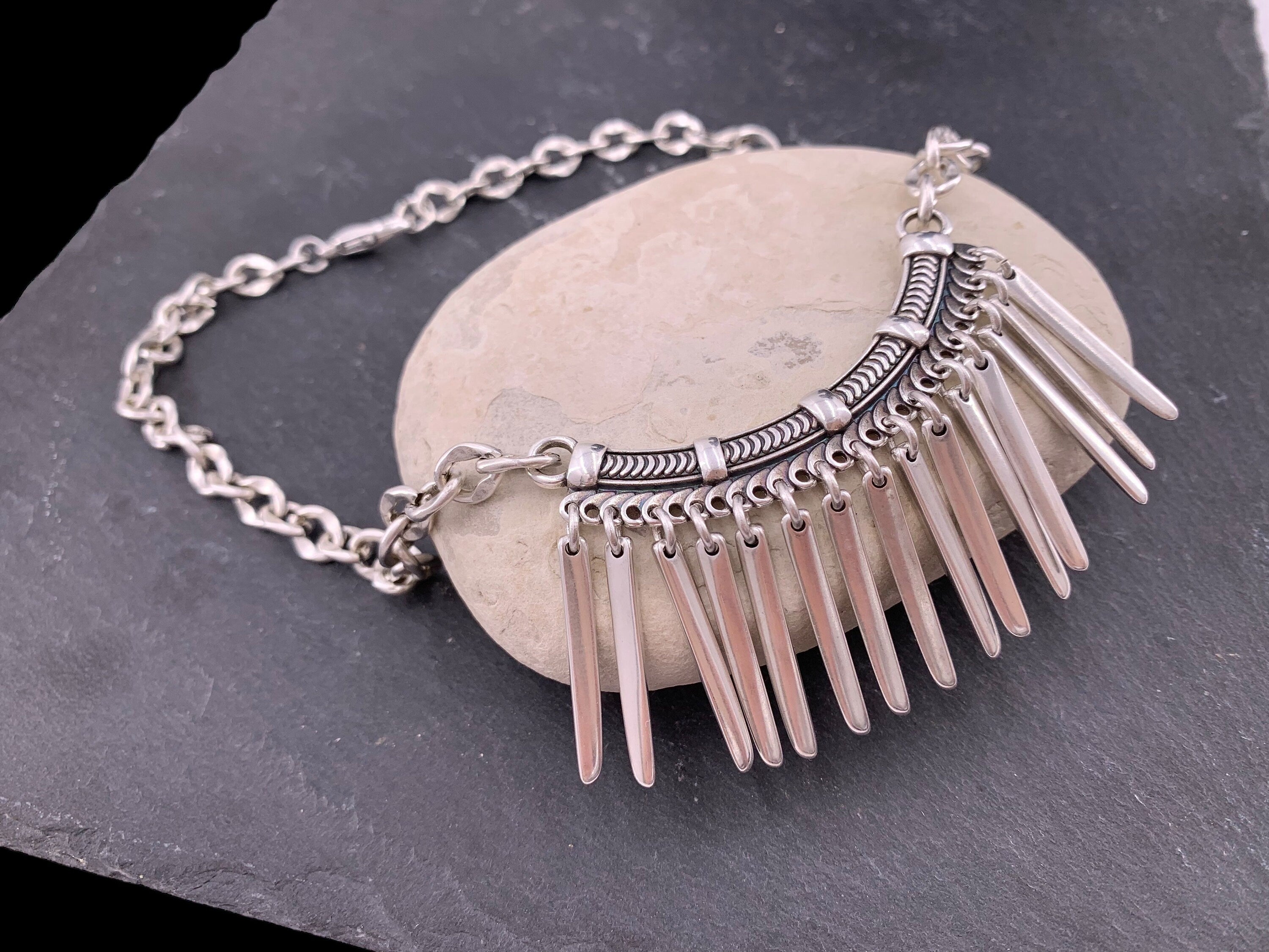 Statement silver bib necklace, voluminous necklace, dangle spikes necklace, silver chain original bib necklace, chunky silver necklace