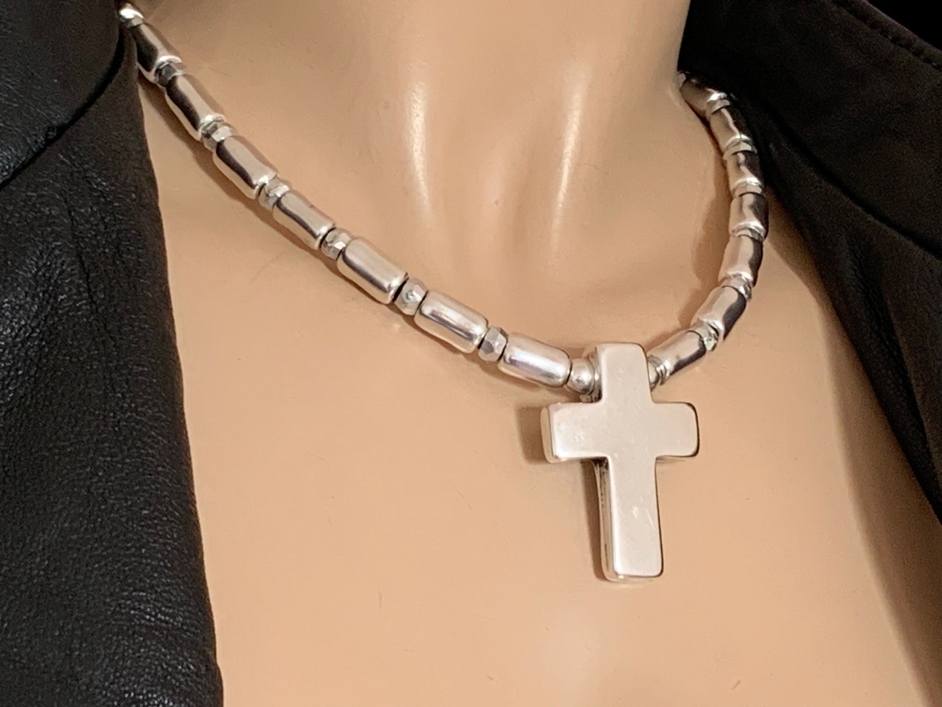 Chunky Silver Tube Bead Necklace – Large Cross Pendant – Heavy Statement Jewelry – Custom Length - statement cross pendant- unisex necklace