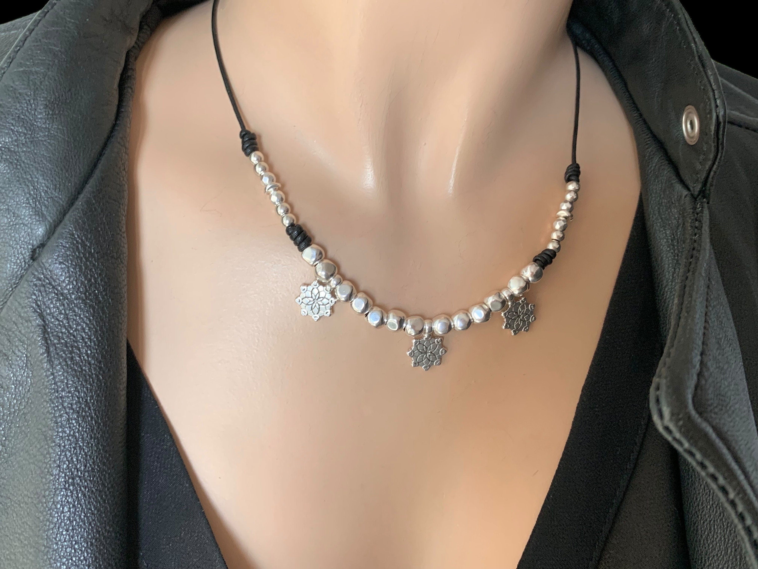 Charms leather silver necklace for women, beaded leather necklace , bohemian necklace, tribal leather necklace, boho choker, gift for women
