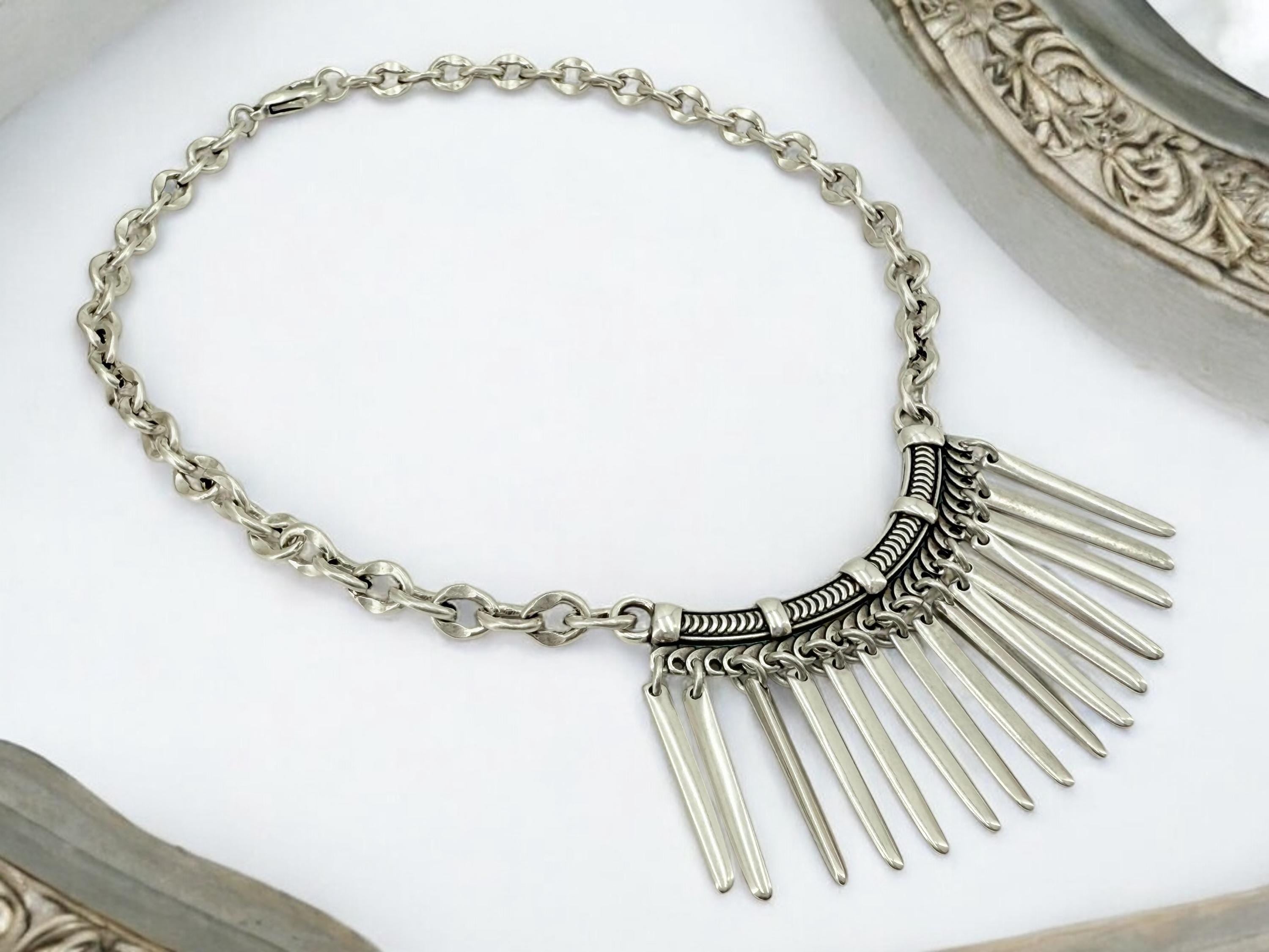 Statement silver bib necklace, voluminous necklace, dangle spikes necklace, silver chain original bib necklace, chunky silver necklace