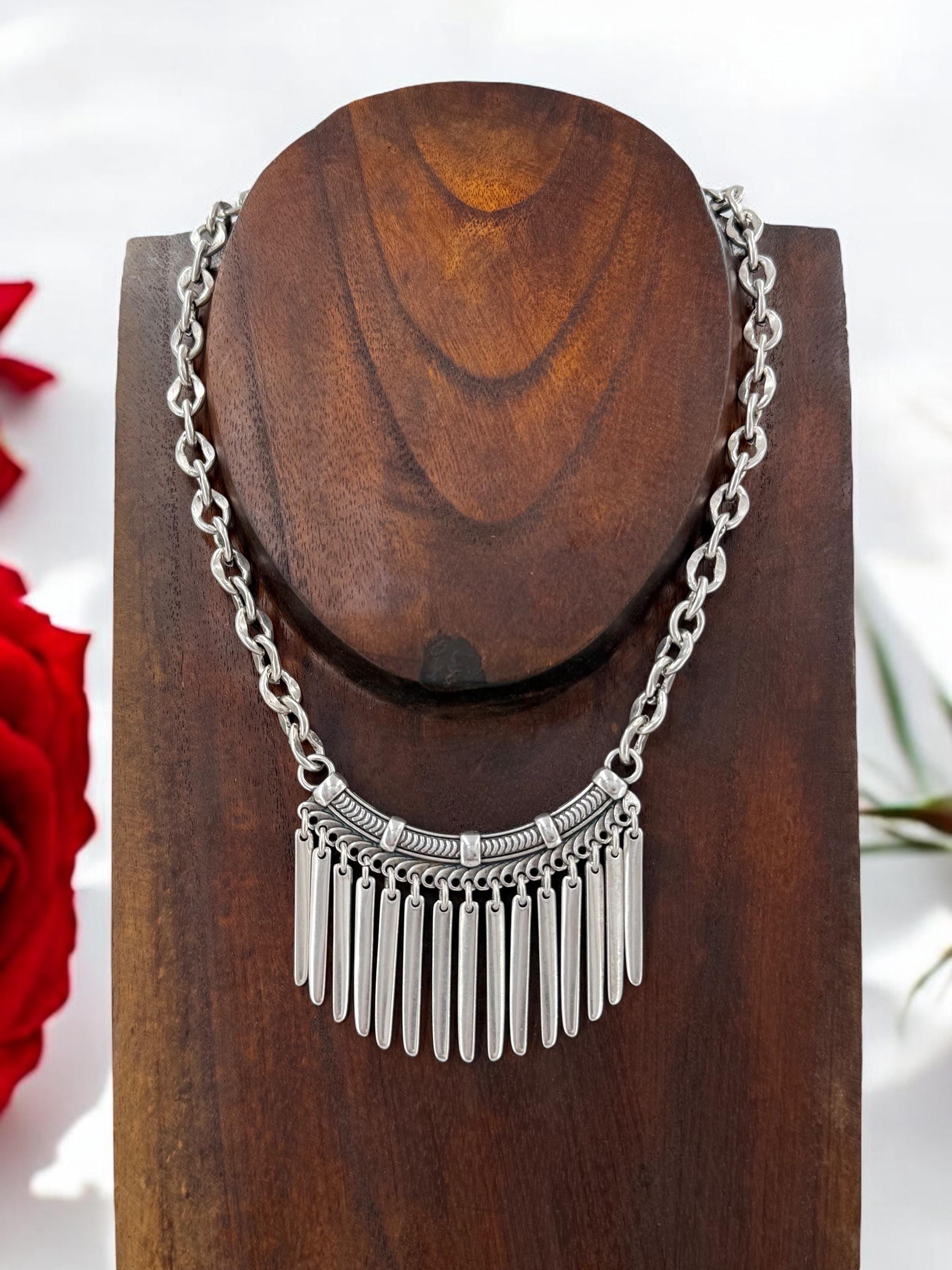 Statement silver bib necklace, voluminous necklace, dangle spikes necklace, silver chain original bib necklace, chunky silver necklace