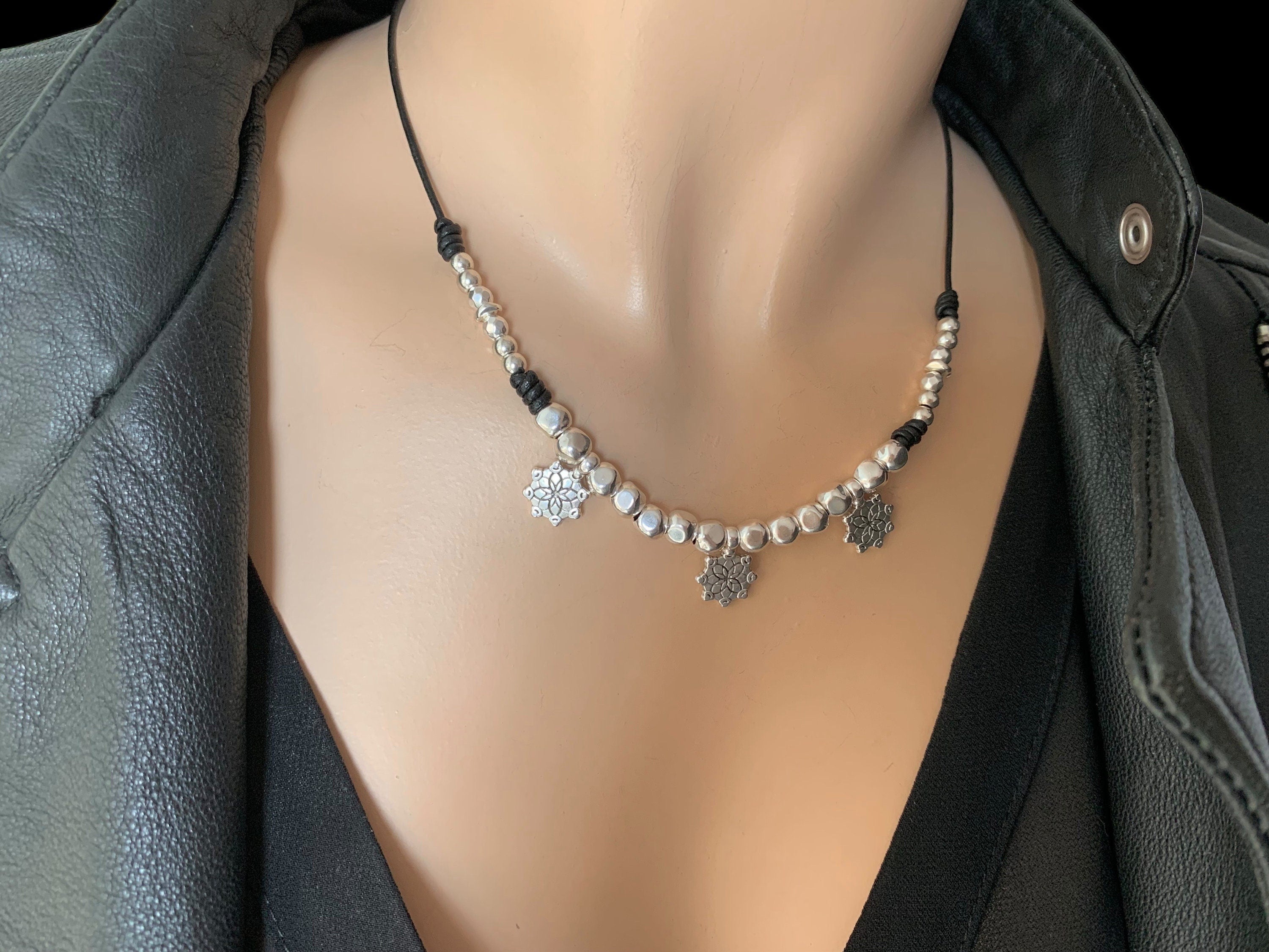 Charms leather silver necklace for women, beaded leather necklace , bohemian necklace, tribal leather necklace, boho choker, gift for women