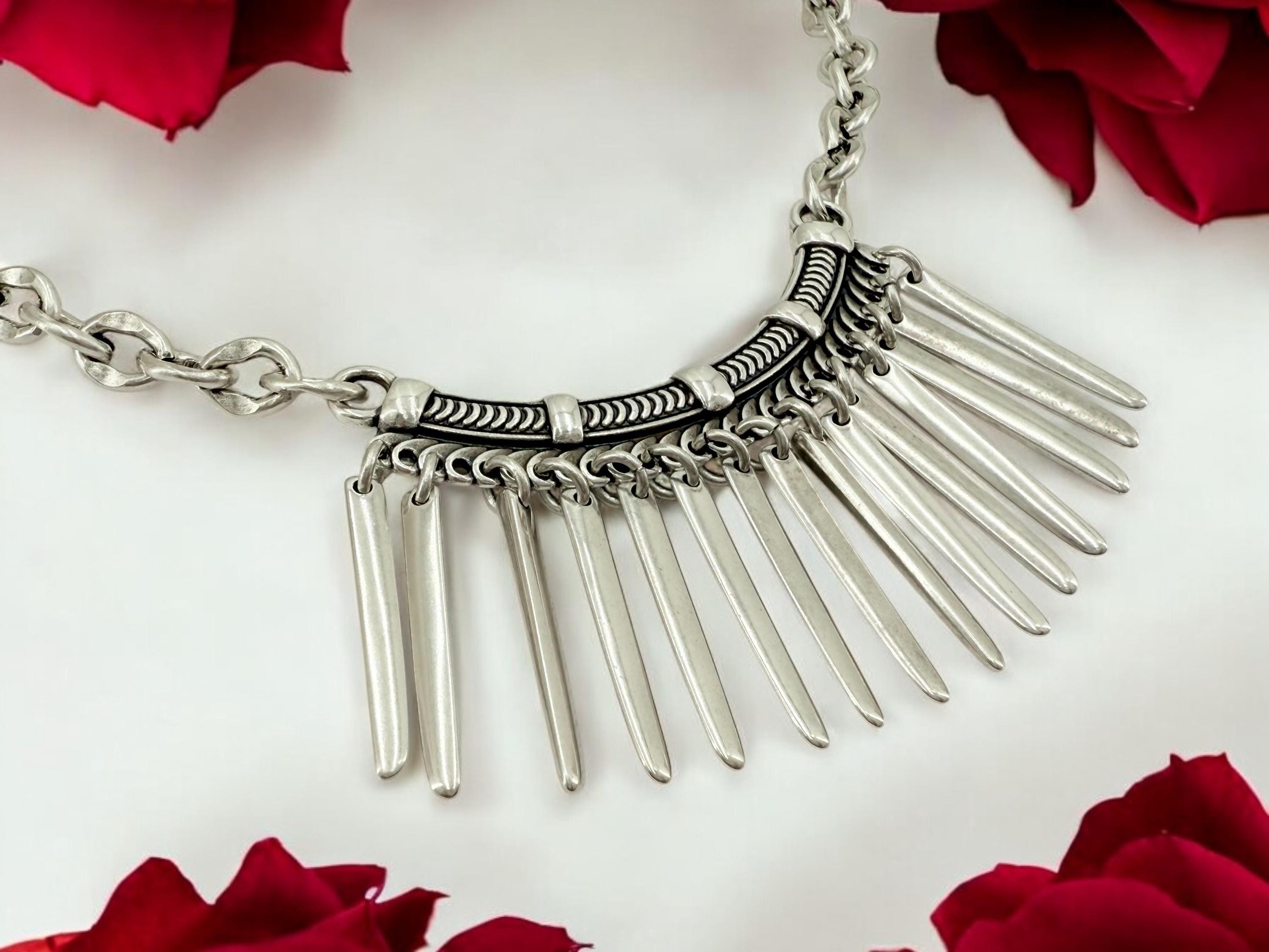 Statement silver bib necklace, voluminous necklace, dangle spikes necklace, silver chain original bib necklace, chunky silver necklace
