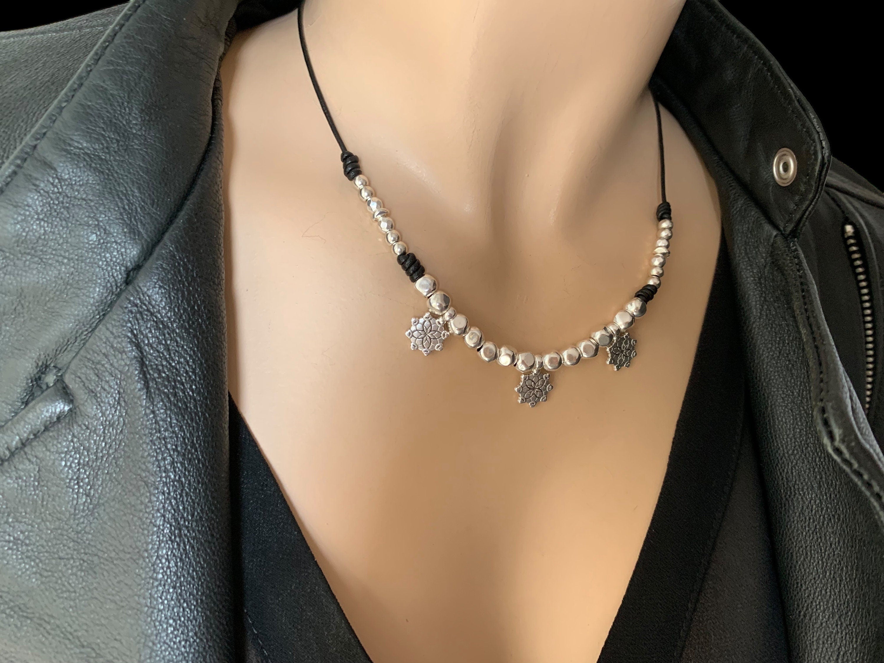 Charms leather silver necklace for women, beaded leather necklace , bohemian necklace, tribal leather necklace, boho choker, gift for women