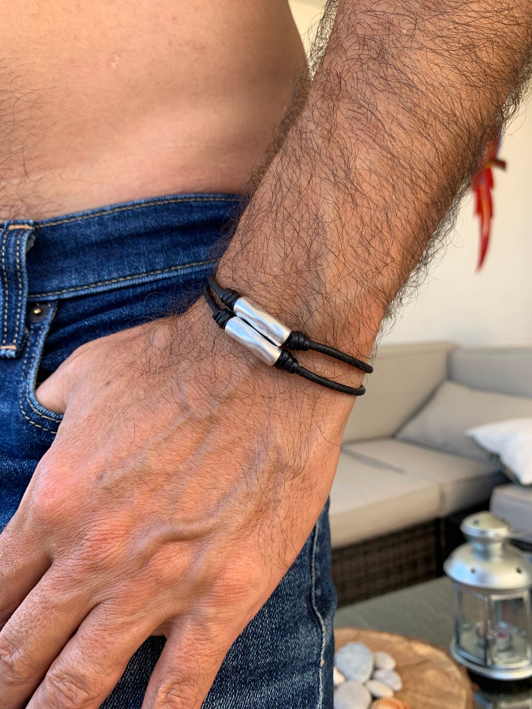leather bracelet for men, silver leather bracelet, man bracelet, rock bracelet, doble bracelet, wrap leather bracelet, uno de 50 style, gift