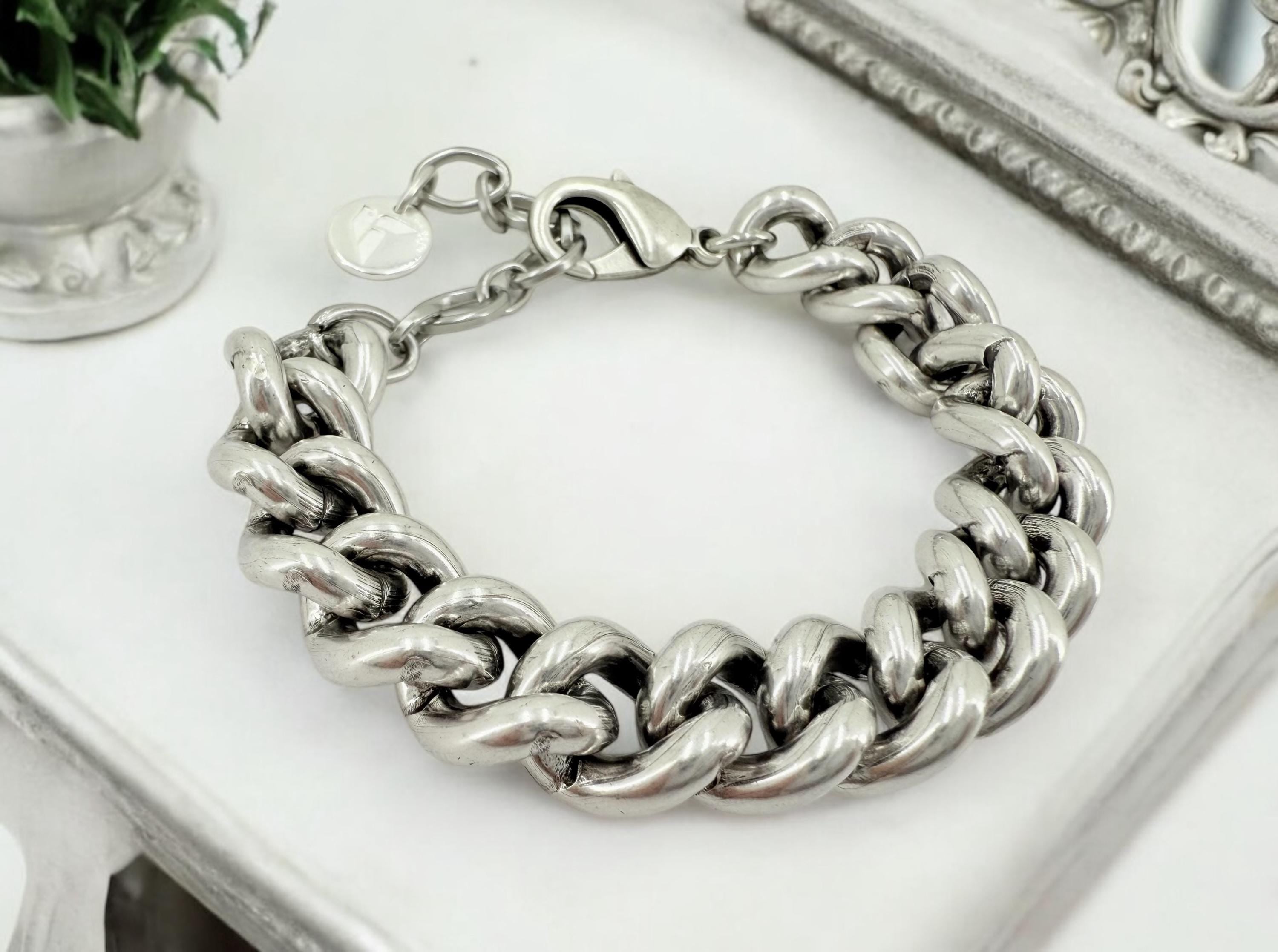 Chunky silver bracelet, Cuban big link chain bracelet, silver bold bracelet, heavyweight bracelet, thick link bracelet, uno de 50 style,