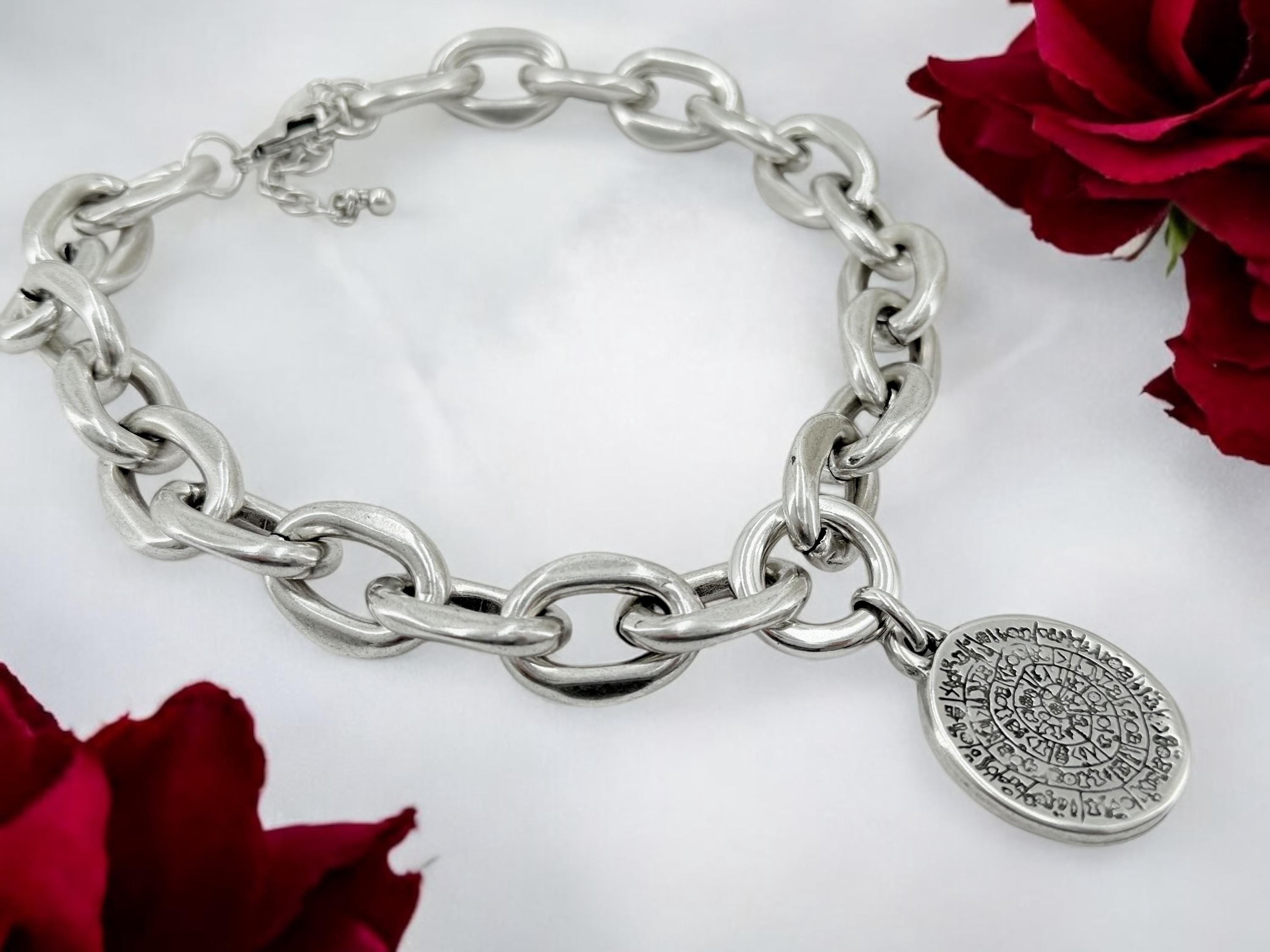 Chunky Coin Pendant Necklace – Esoteric Symbol Disc on Lightweight Silver bold Chain – Mystical Statement Jewelry
