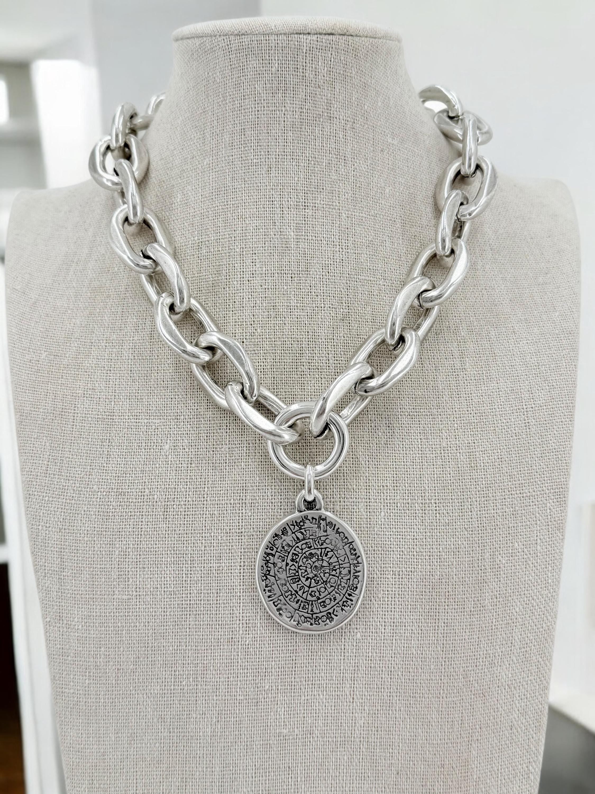 Chunky Coin Pendant Necklace – Esoteric Symbol Disc on Lightweight Silver bold Chain – Mystical Statement Jewelry