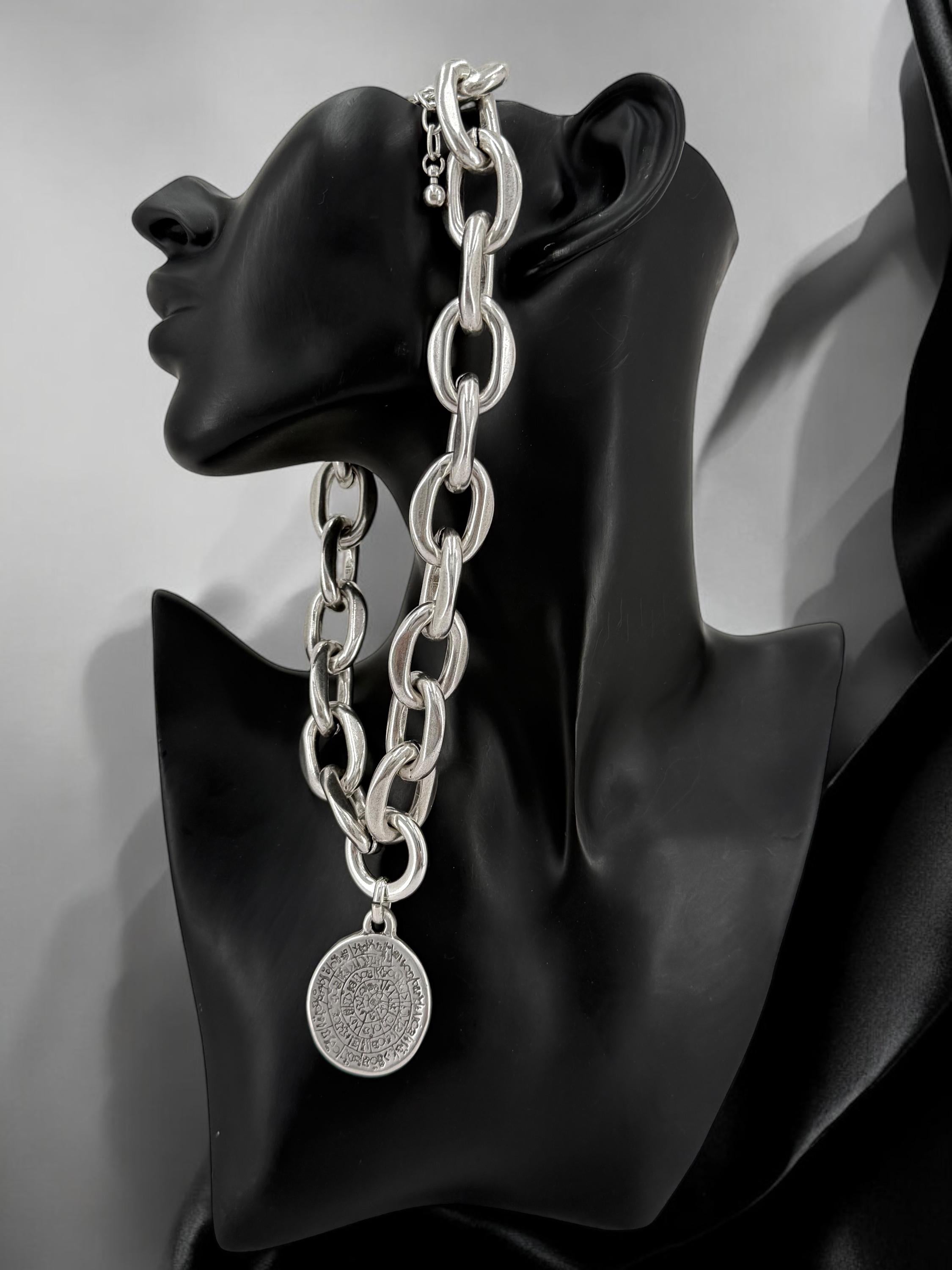 Chunky Coin Pendant Necklace – Esoteric Symbol Disc on Lightweight Silver bold Chain – Mystical Statement Jewelry