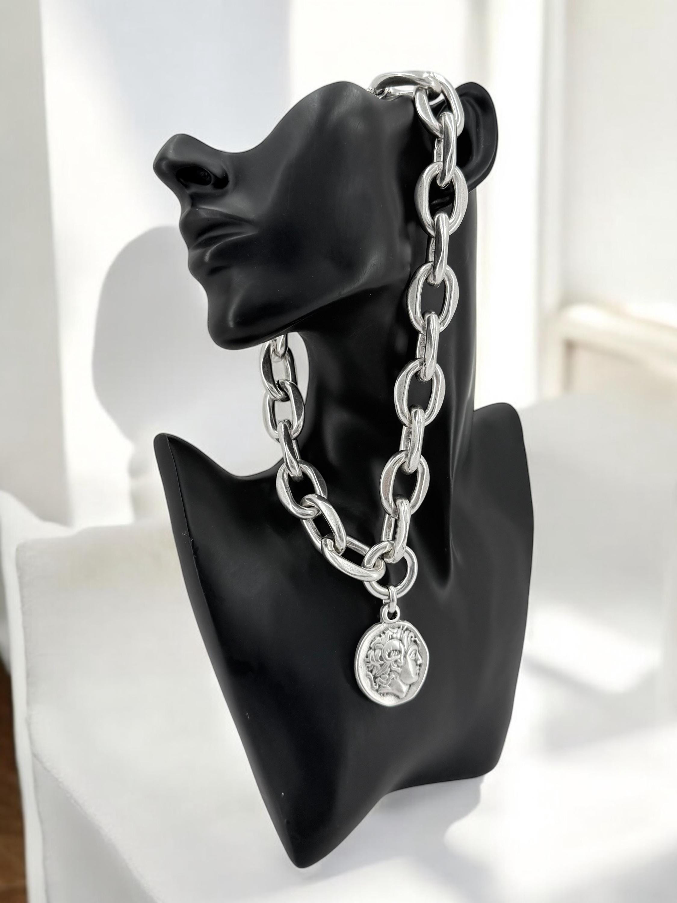 Chunky Lightweight Silver Chain Necklace – Bold Coin Pendant Design – Handmade Statement Jewelry for Women, bold big link chain necklace