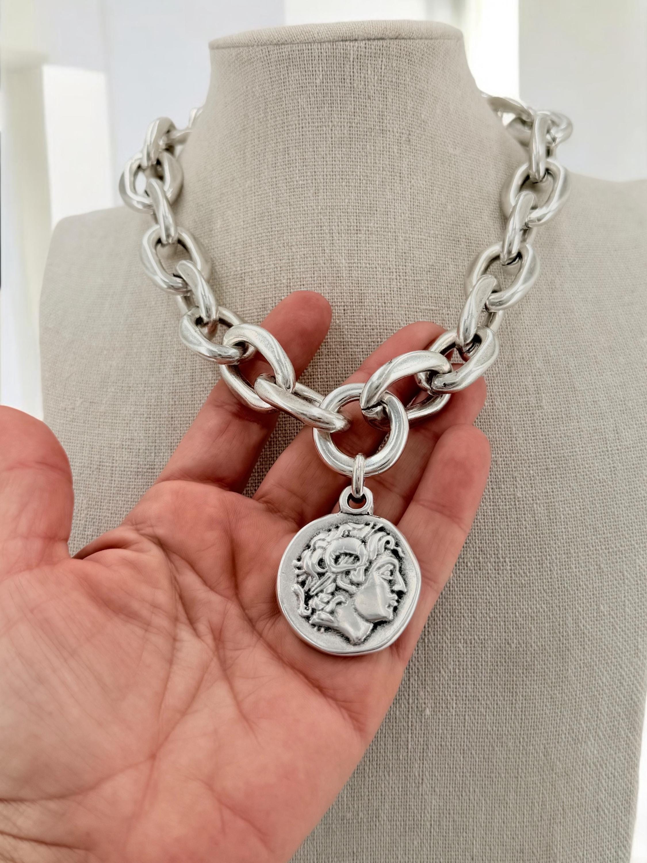 Chunky Lightweight Silver Chain Necklace – Bold Coin Pendant Design – Handmade Statement Jewelry for Women, bold big link chain necklace