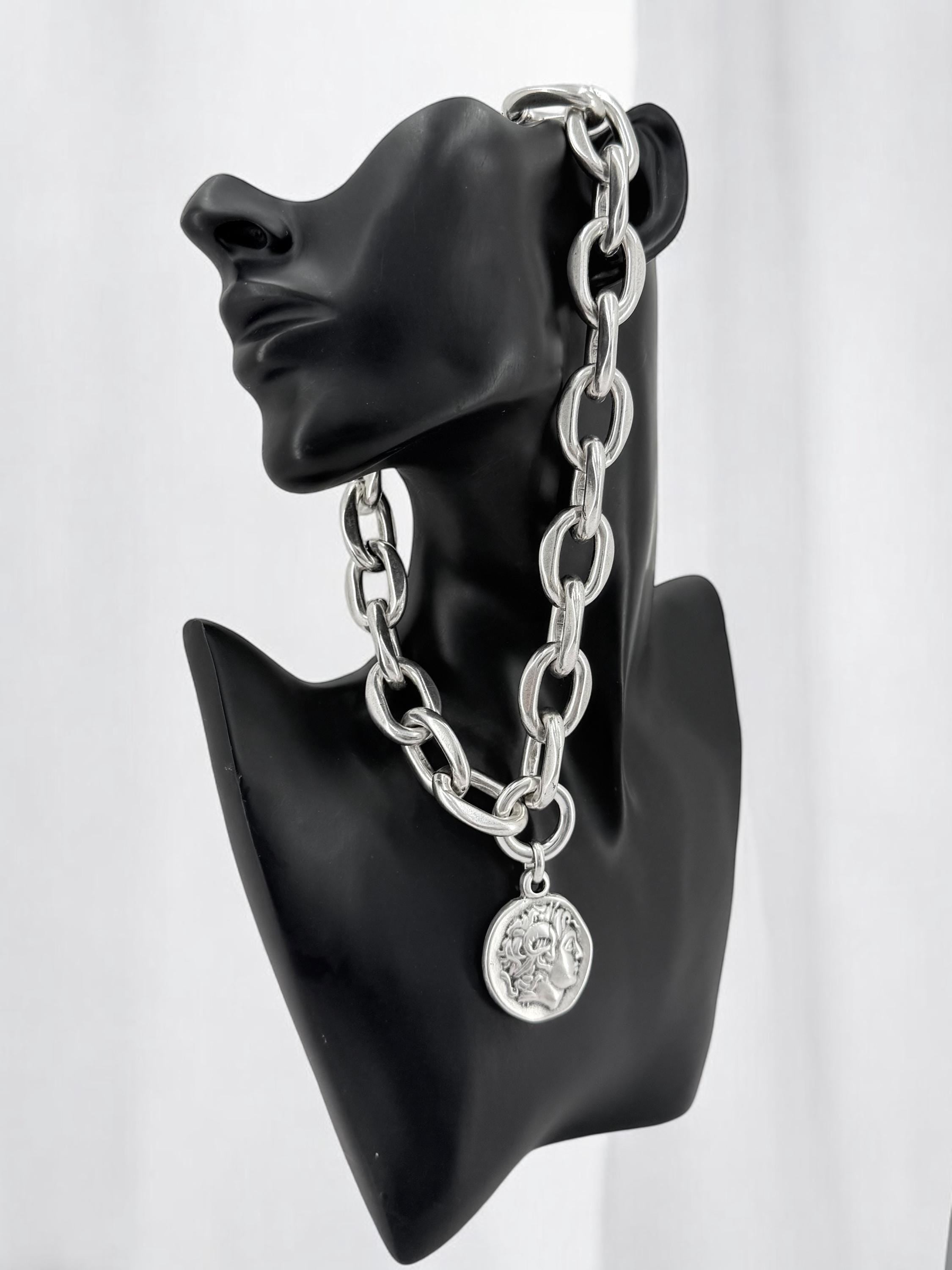 Chunky Lightweight Silver Chain Necklace – Bold Coin Pendant Design – Handmade Statement Jewelry for Women, bold big link chain necklace