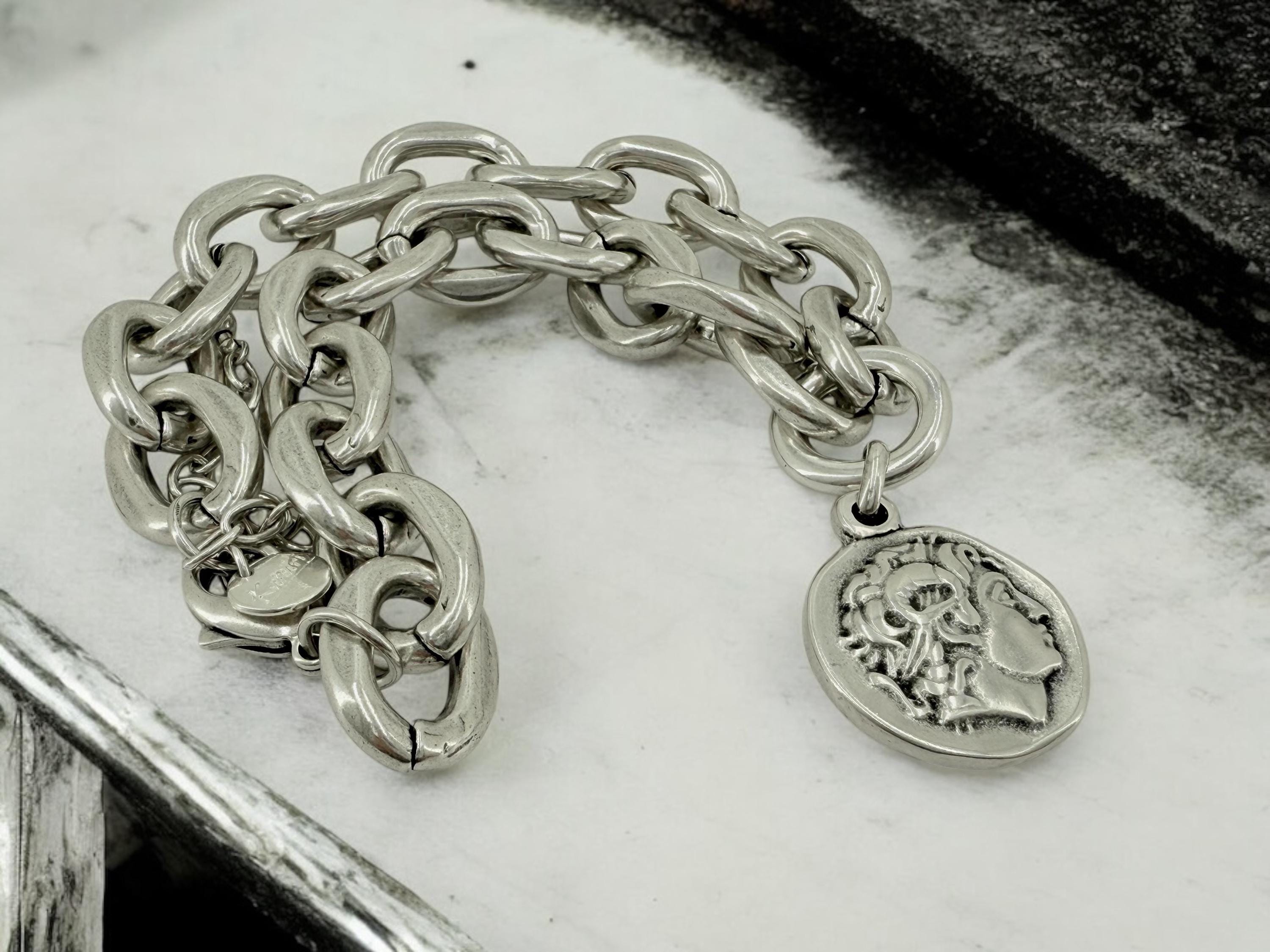 Chunky Lightweight Silver Chain Necklace – Bold Coin Pendant Design – Handmade Statement Jewelry for Women, bold big link chain necklace
