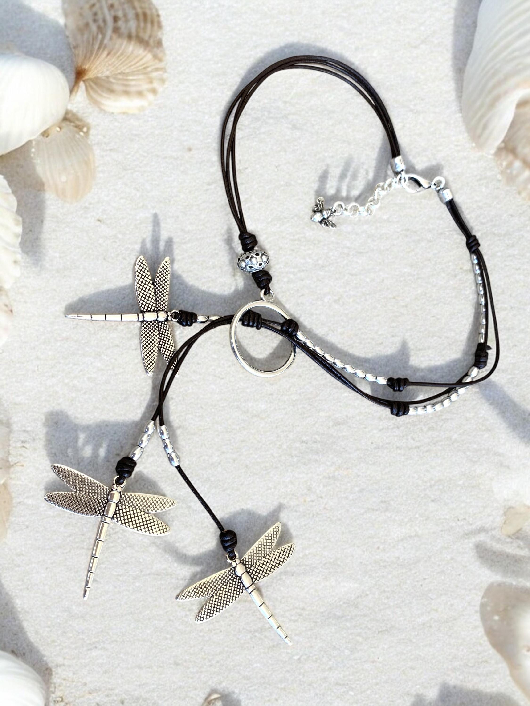 Dragonfly pendants lariat leather necklace, dangle dragonfly necklace, leather necklace, bohemian Y necklace, silver and leather necklace,