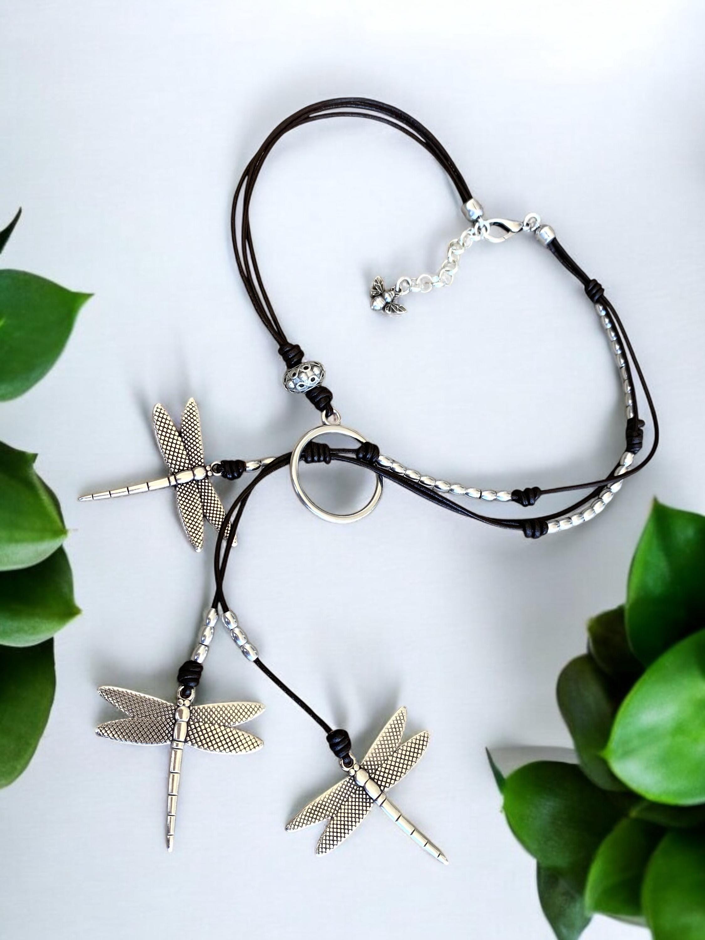 Dragonfly pendants lariat leather necklace, dangle dragonfly necklace, leather necklace, bohemian Y necklace, silver and leather necklace,