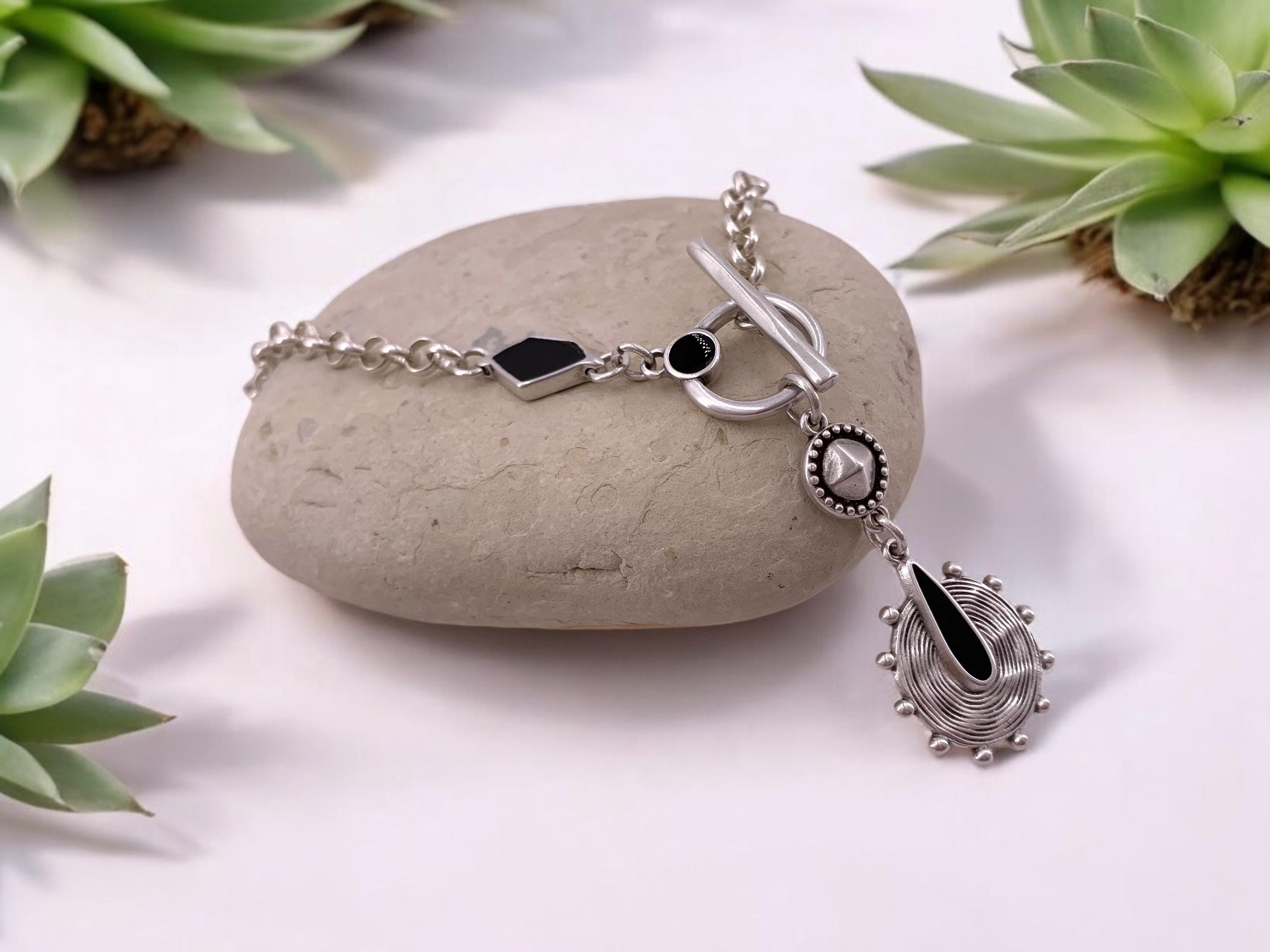 Chunky Silver Chain Necklace – Tribal Black Enamel Pendant – Toggle Clasp – Boho Statement Jewelry – Handmade Gift for women
