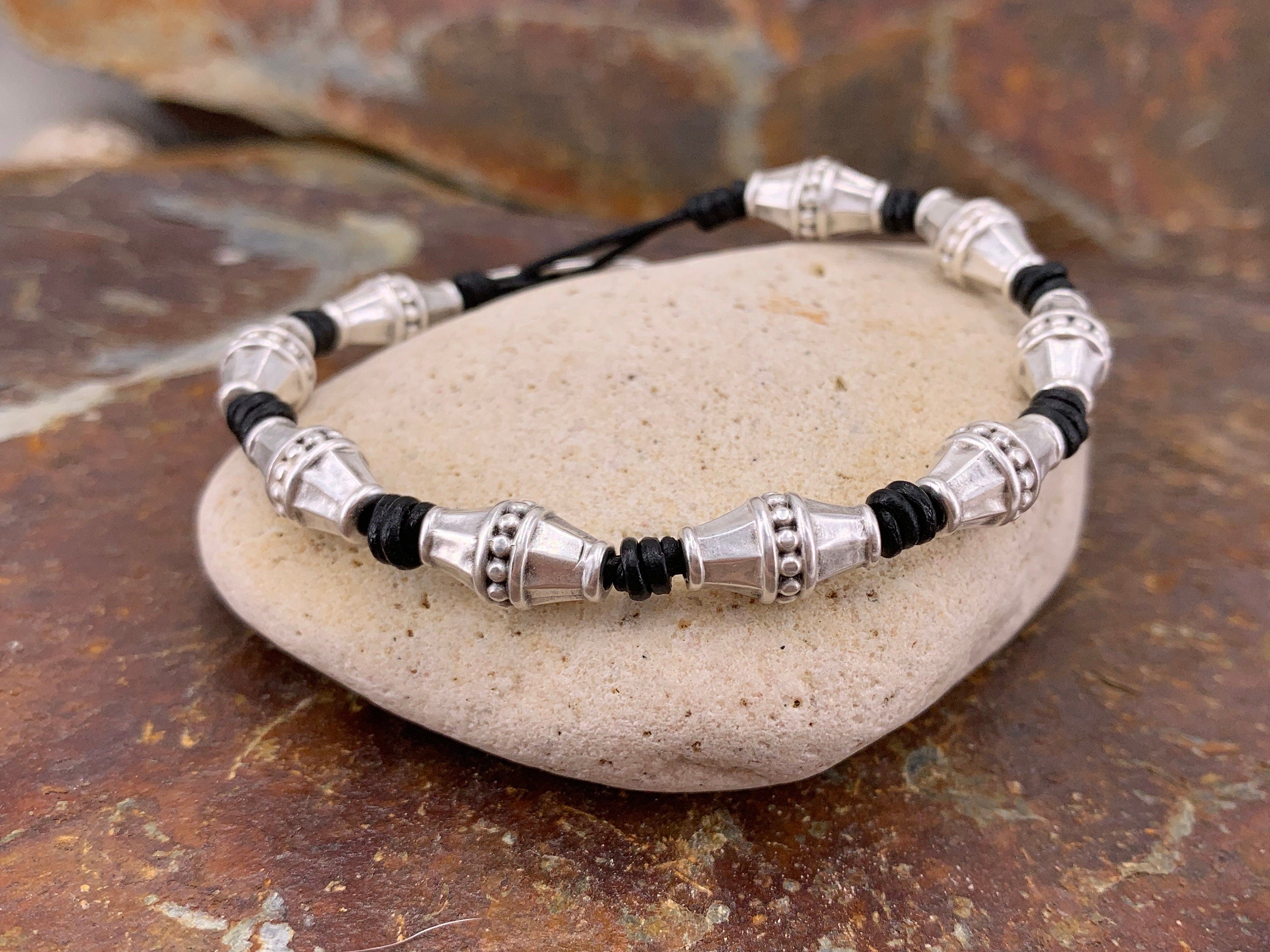 Men silver beaded leather bracelet for a masculine style, bohemian men bracelet, gift for boyfriend and brother, unique birthday present
