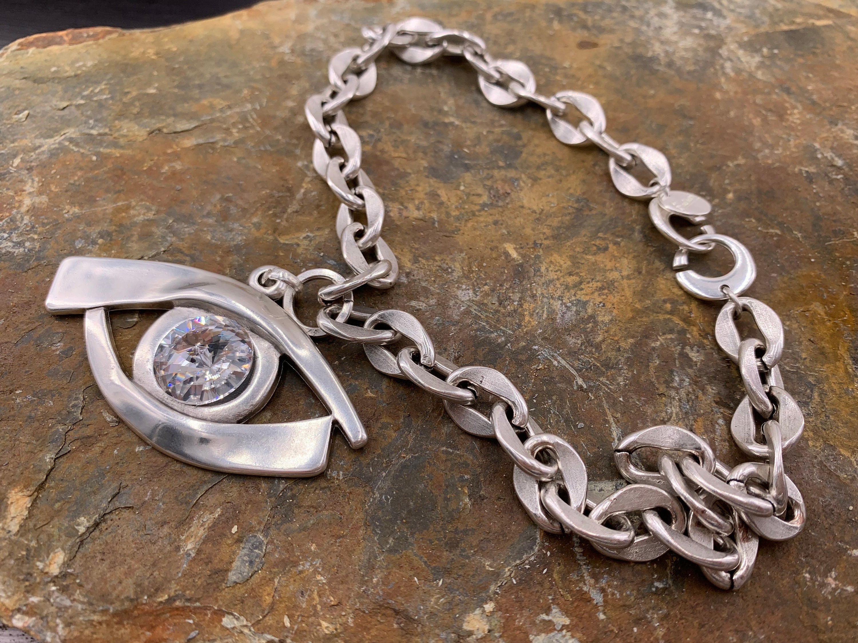 Chunky Silver Eye Necklace – Egyptian Protector Pendant with Swarovski Crystal – Big Link Statement Chain – heavyweight necklace,