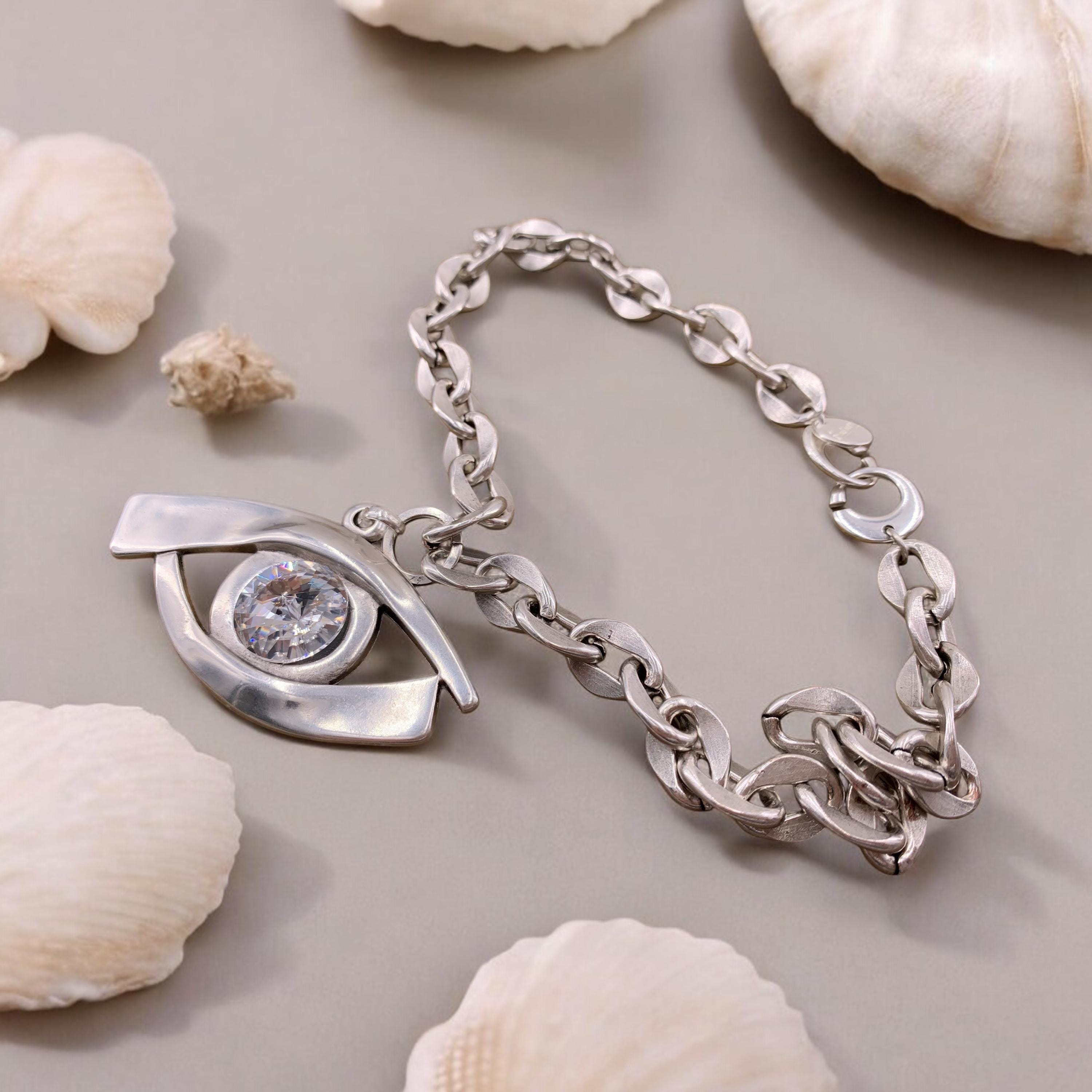 Chunky Silver Eye Necklace – Egyptian Protector Pendant with Swarovski Crystal – Big Link Statement Chain – heavyweight necklace,