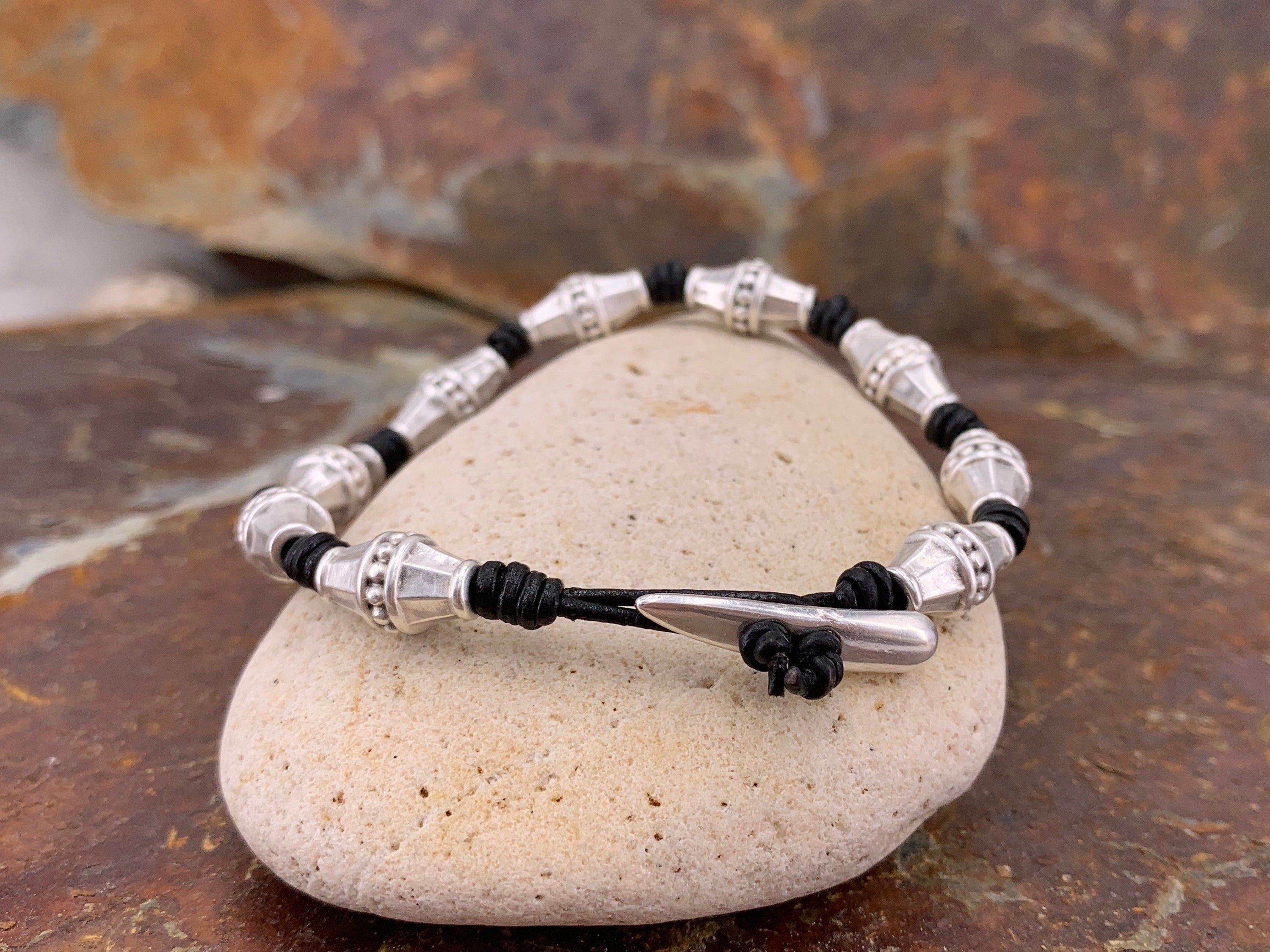 Men silver beaded leather bracelet for a masculine style, bohemian men bracelet, gift for boyfriend and brother, unique birthday present