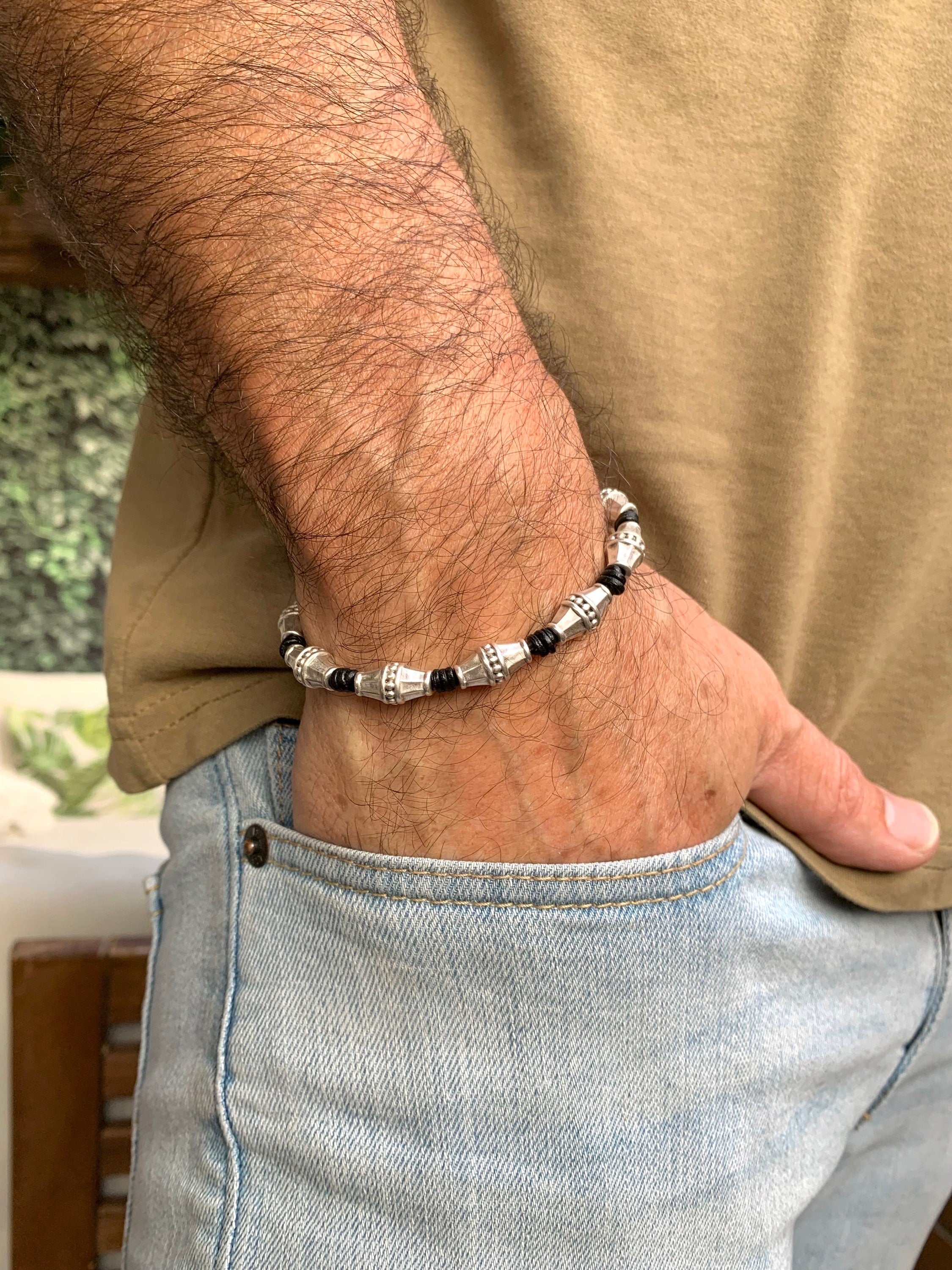 Men silver beaded leather bracelet for a masculine style, bohemian men bracelet, gift for boyfriend and brother, unique birthday present